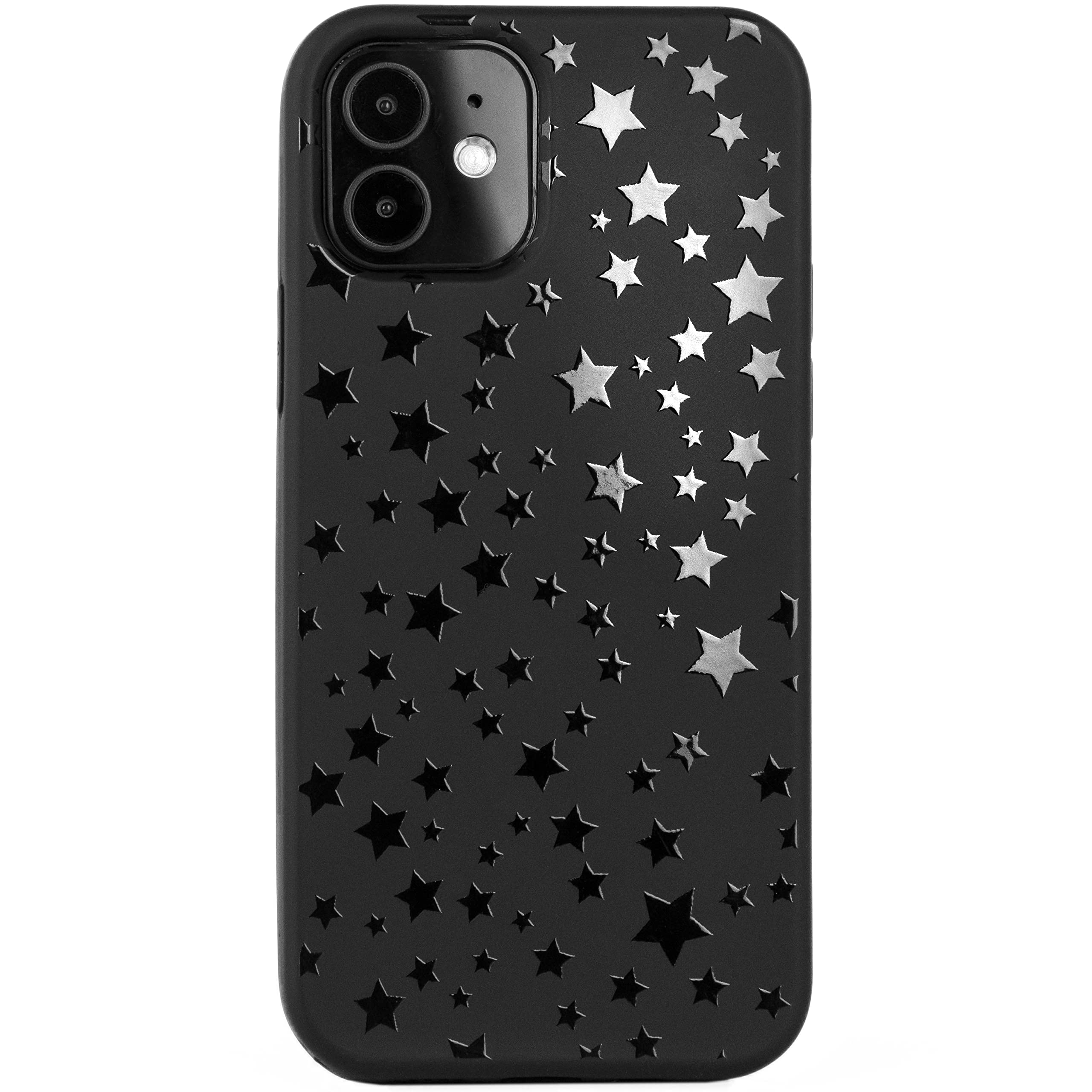 Cavka Matte Black Case Compatible with - iPhone 12 Pro - iPhone 12-6.1 inch Protective TPU Rubber Cover with Stars Cute Bumper Kawaii Design Shockproof for Teen Girls Minimal Celestial Starry Night
