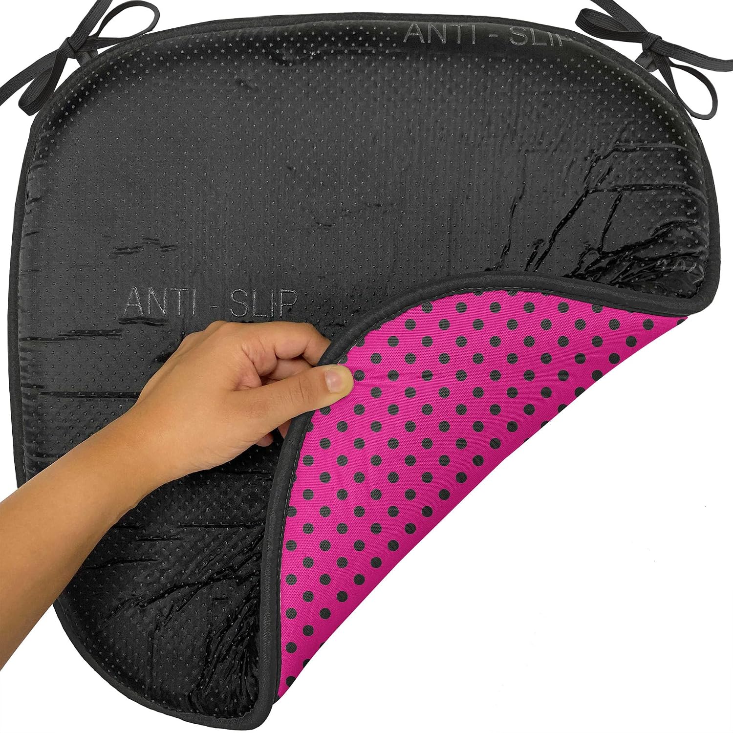 Ambesonne Hot Pink Chair Seating Cushion Set of 4, Pop Art Inspired Design Retro Pattern of Black Polka Dots Classical Spotted, Anti-Slip Seat Padding for Kitchen & Patio, 16"x16", Hot Pink Black