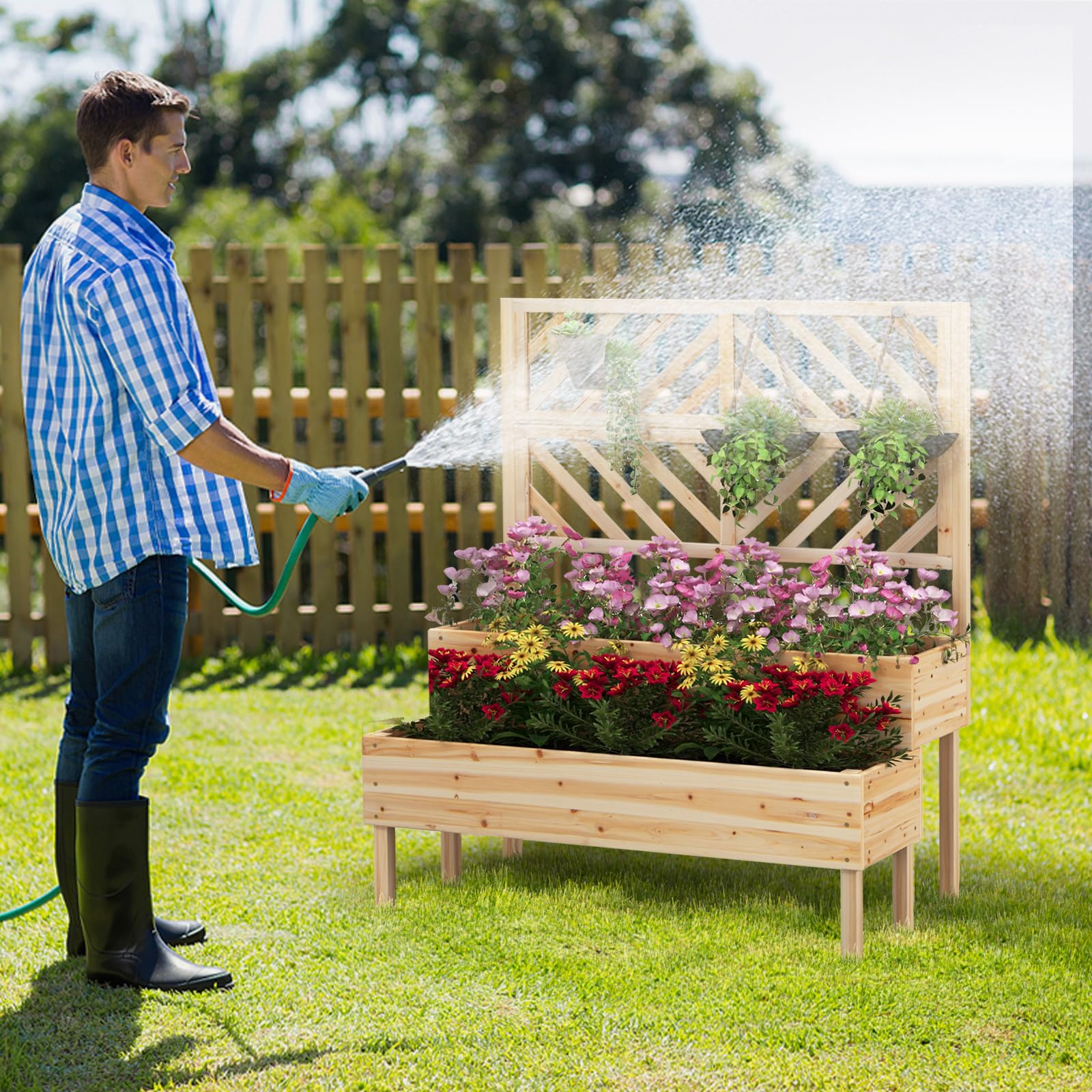HOMASIS Macetero con rejilla de madera para exterior, jardinera con enrejado de 2 estantes, jardinera vertical elevada para plantas trepadoras de abeto con agujeros de drenaje, 109x62x135 cm (Natural)