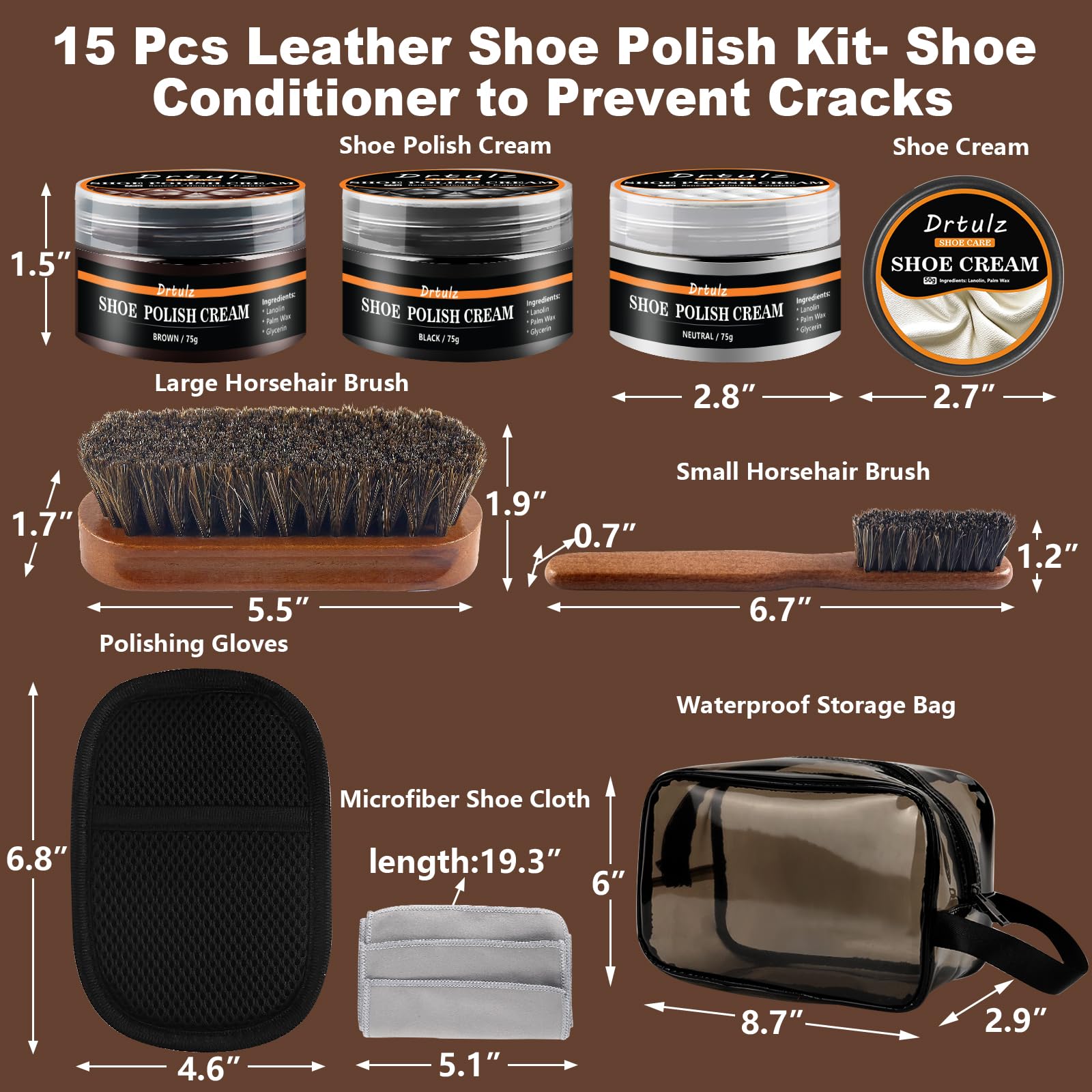 15-teiliges Schuhcreme & Pflegeset, Schuhputzset Reinigungsset mit Rosshaarbürsten für Glattleder Lederschuhe, Schwarz, braun, Neutrales, sanfte Pflege Lederstiefel Männer und Frauen