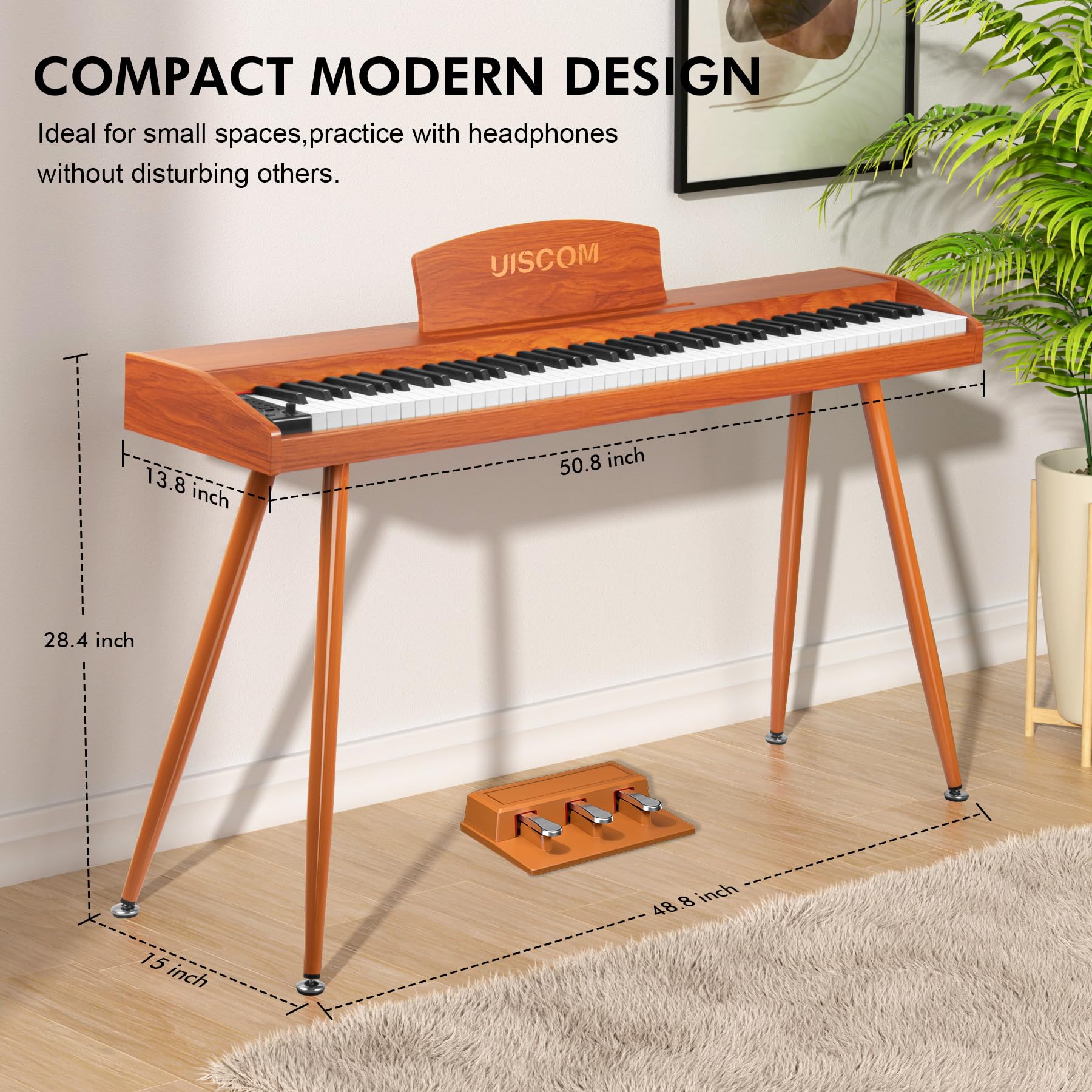 UISCOM - Teclado digital para piano de 88 teclas semiponderado para principiantes, piano eléctrico de tamaño completo con soporte, pedal triple, adaptador, soporte de partitura, auriculares,
