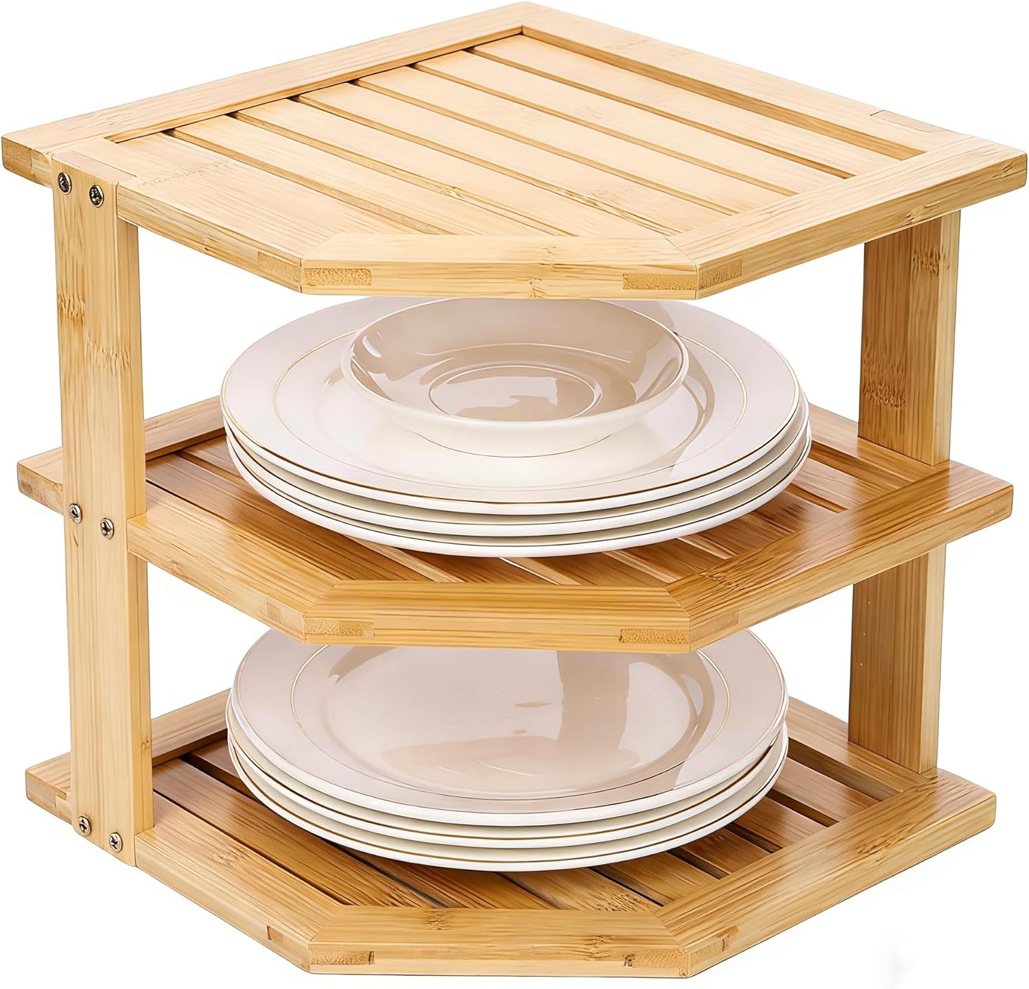 3-Tier Plate Organizer for Cabinet – Space-Saving Cabinet Corner Shelf for Kitchen Counter, Pantry & Bathroom, Countertop Plate Rack for Dishes, Bowls & Bread, Easy Assembly