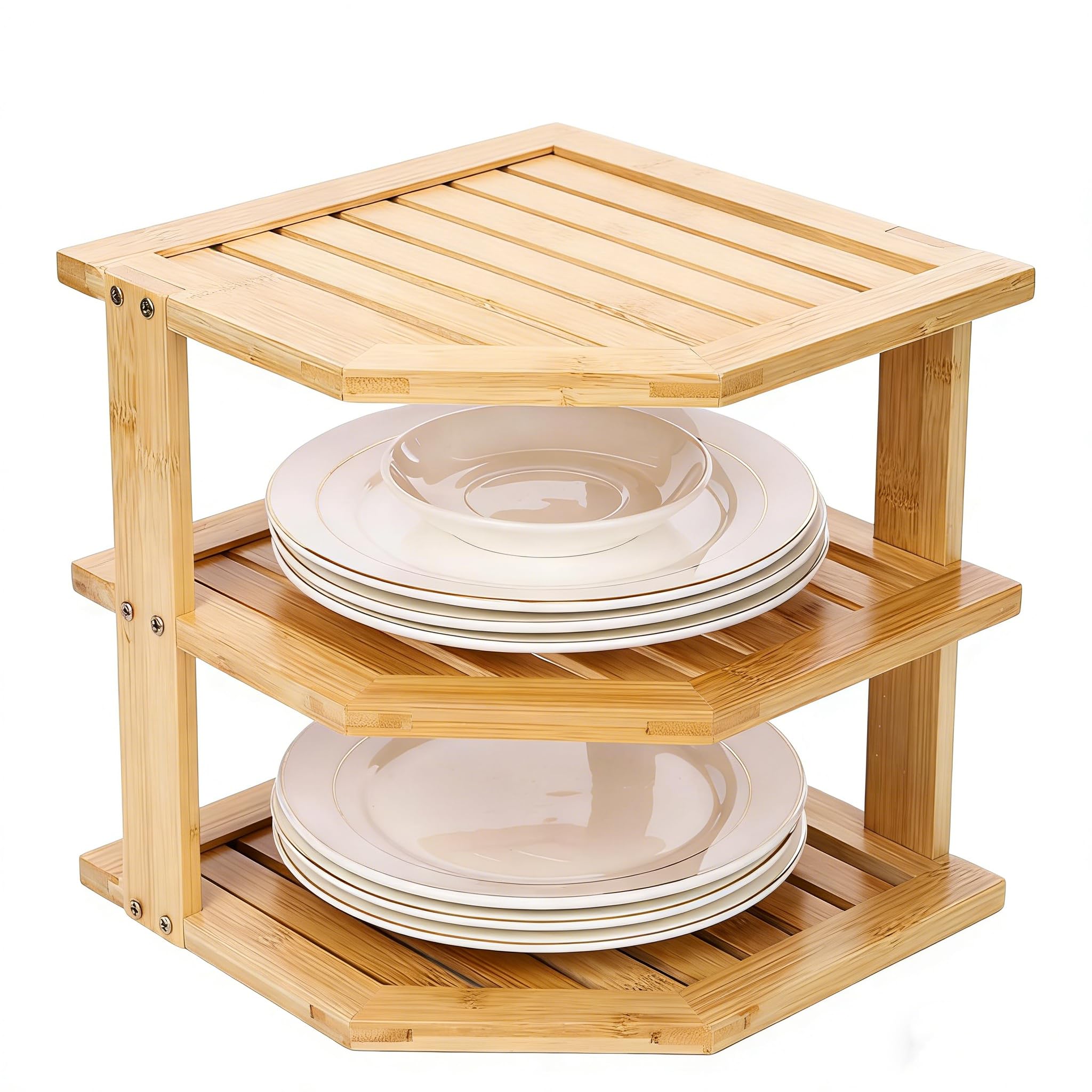 Photo 1 of ***missing screws and two slats***ZHESONOM Plate Organizer for Cabinet and Kitchen Countertop, 3-Tier Bamboo Corner Shelf - Space Saver, 3 Tier Shelf for Dishes, Bowls, Bread Storage in Pantry & Bathroom (9.5”, Natural)***missing screws and two slats***