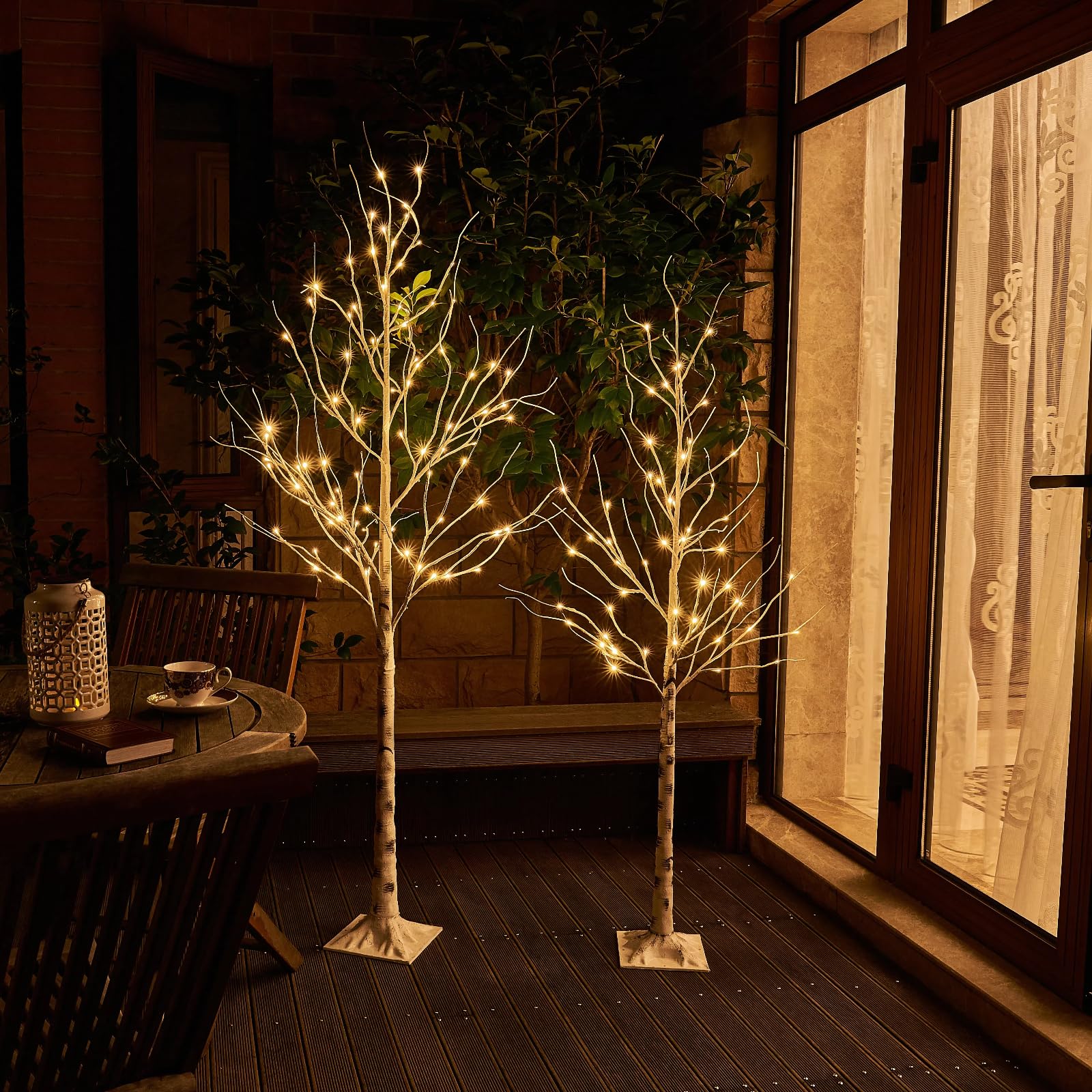 2PK Weiße Weihnachtsbäume Zweig Set mit Timer Lichterbaum mit Dimmfunktion Birke Baum mit warmweißen LEDs netzbetrieben mit Wasserdichter Adapter für Innen und Außen 1,5m+1,8m