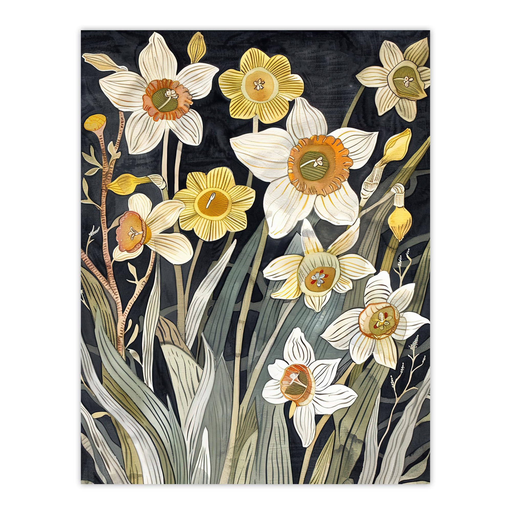 Artery8 Dark Daffodils in Bloom Artwork Spring Floral Living Room Large Wall Art Poster Print Thick Paper 18X24 Inch