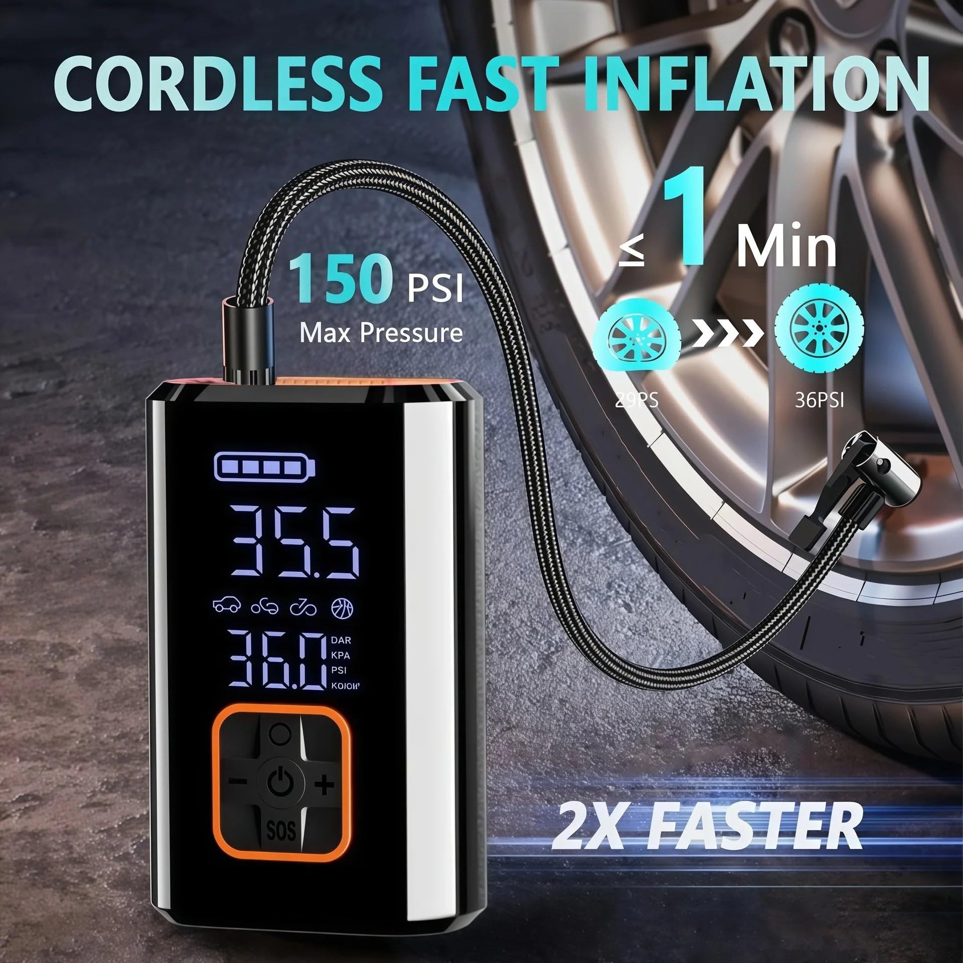 Gonfiatore per Pneumatici per Pompa d'Aria per Auto | Gonfiatore multifunzione wireless elettrico portatile Per bici fuoristrada berlina SUV