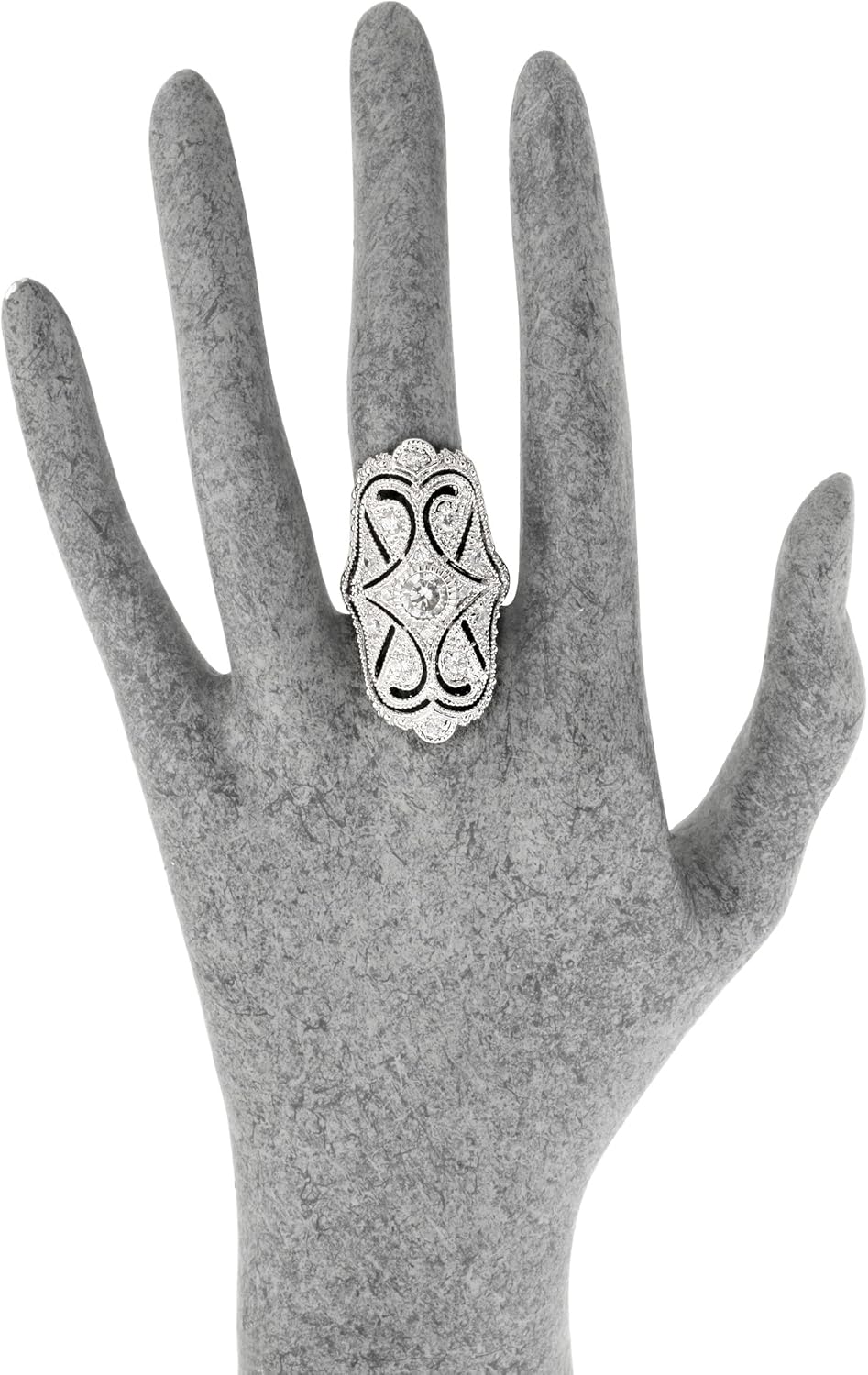 Rhodium Plated Symmetrical Shape Vintage Style Cubic Zirconia Ring - Image 4