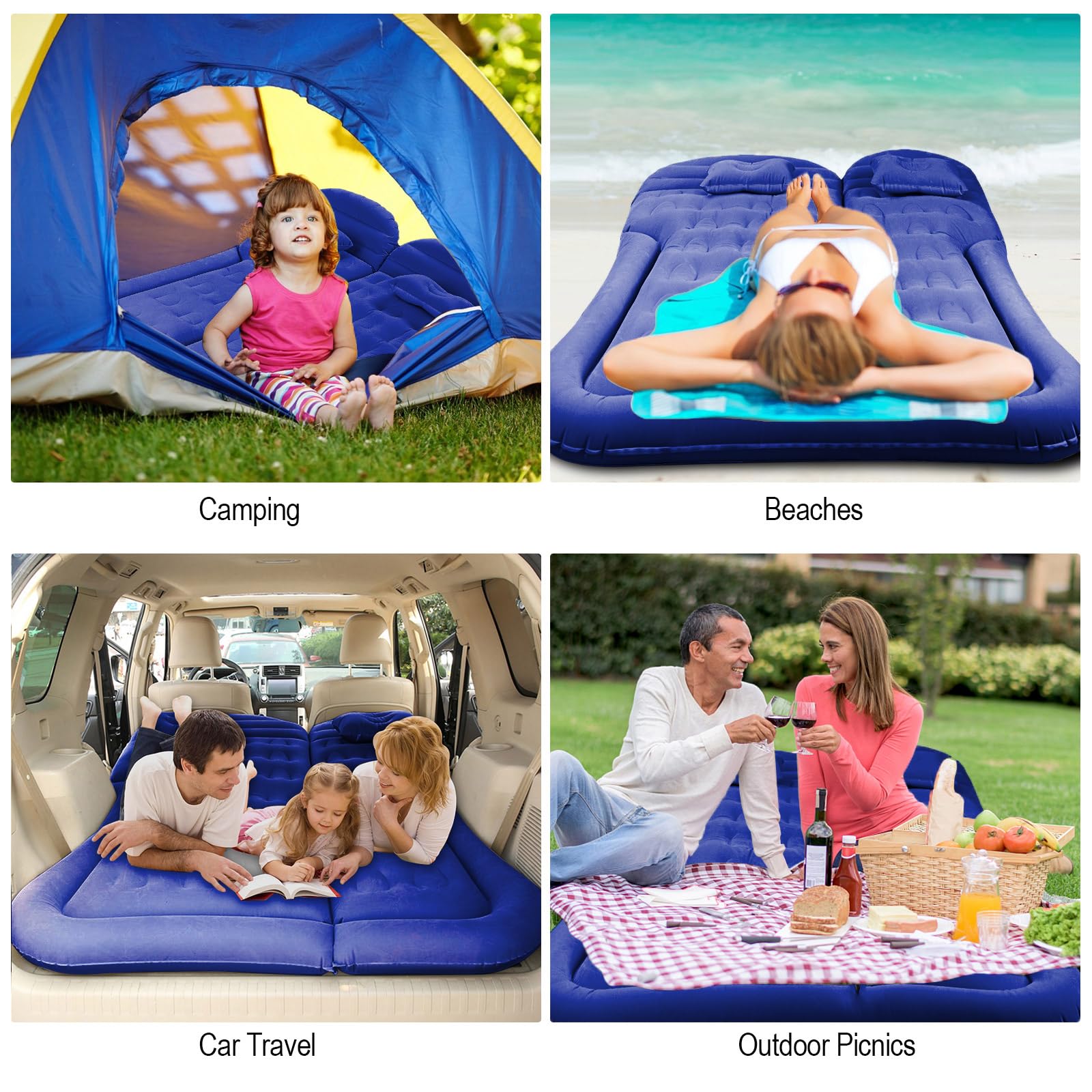 Vinteky Matelas Gonflable Lit Gonflable pour Voyage sur Voiture Coussin Gonflable Sièges d'auto Multifonctionnel avec Pompe à air et Oreillers pour Véhicule SUV pour Picnic Voyage Camping (Bleu)