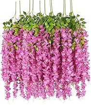 Sheux Artificial Wisteria Hanging Plant Decoration Flowers Outdoor, Festivals, Christmas, Diwali, ganpati, Home, Party, Wedding, Baby Shower for Garland Long Hanging Decor (Dark Pink, Pack of 6)