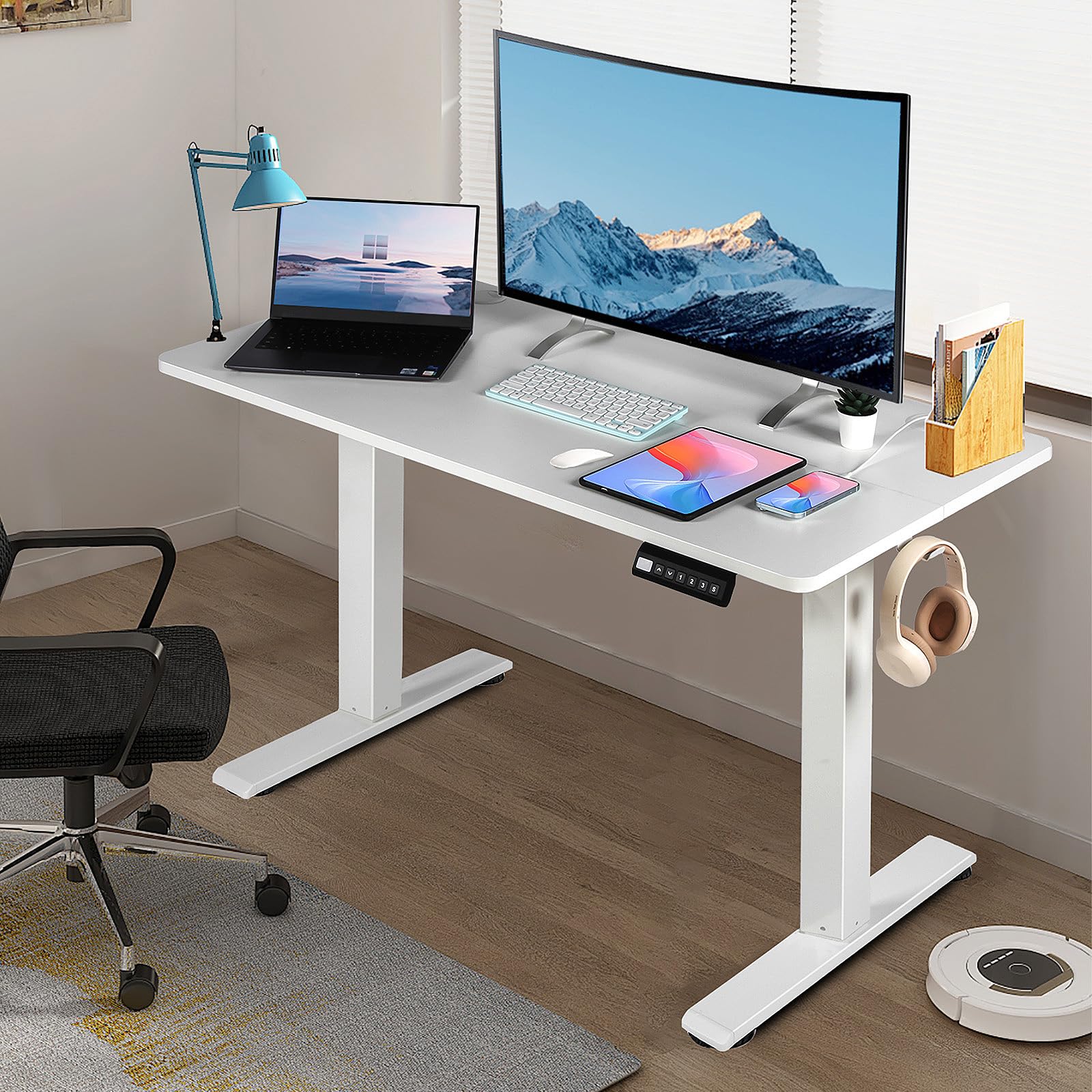 PACHIRA Elektrisch Höhenverstellbarer Schreibtisch, 120 * 60 cm Steh-Sitz-Tisch Mit Memory-Steuerung & LED-Anzeige, Stehpult Mit Haken & Kabelmanagement, Ergonomischer Arbeitstisch Fürs Haus Büro
