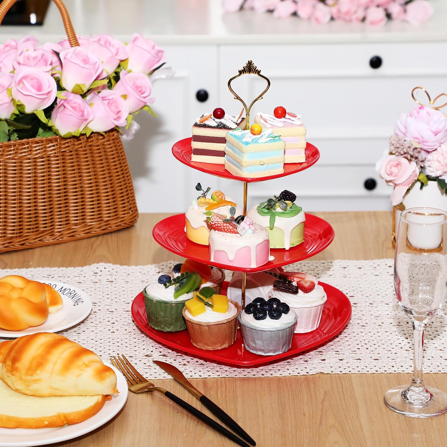 layhit 2 pack valentine's day 3 tier cupcake stand heart shaped 3 tiered serving trays for party plastic tray dessert cupcake stand for tea party baby shower wedding(red) red 2