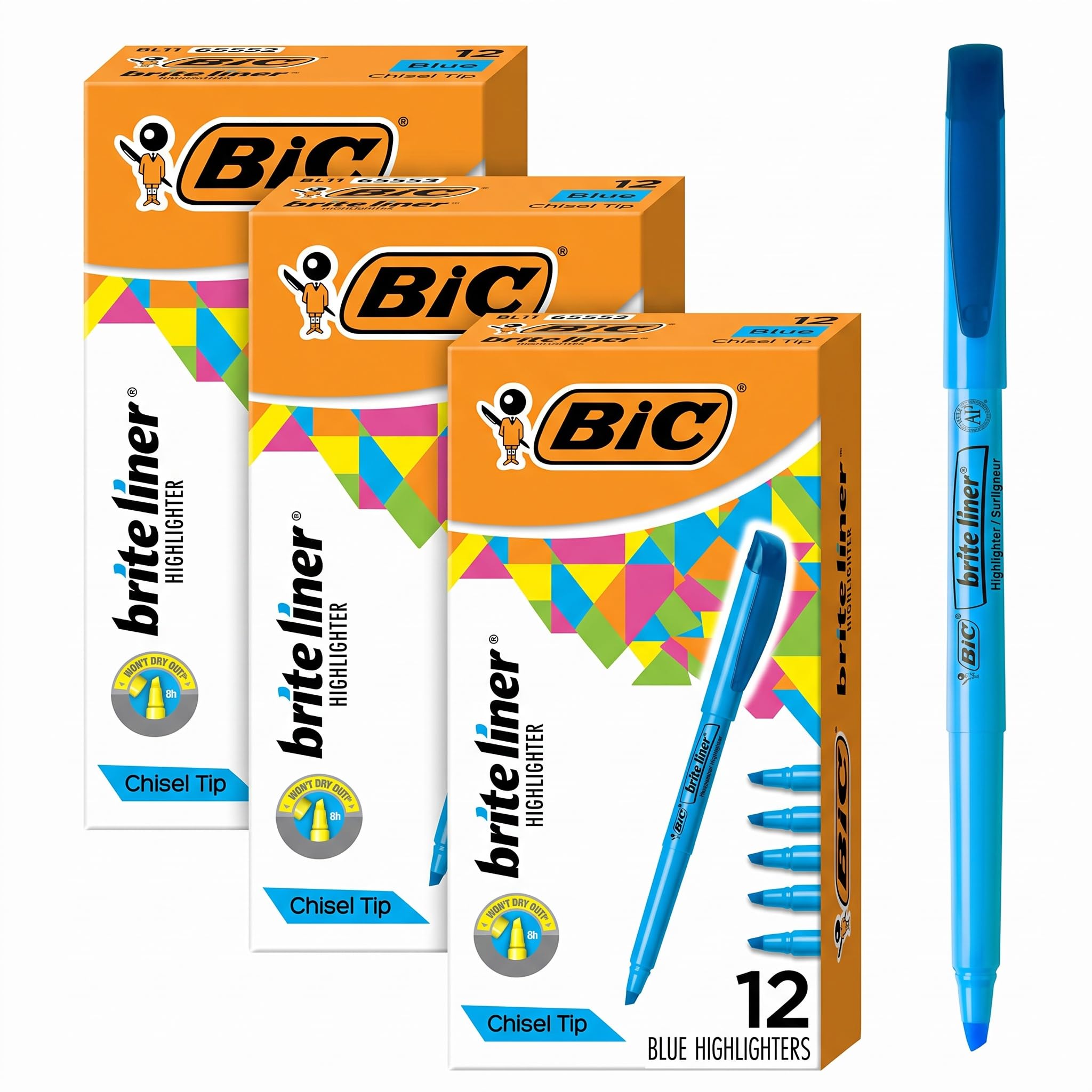 BIC Brite Liner Highlighters, Chisel Tip, 12-Count Pack of Blue Highlighters, Ideal Highlighter Set for Organizing and Coloring (Pack of 3)