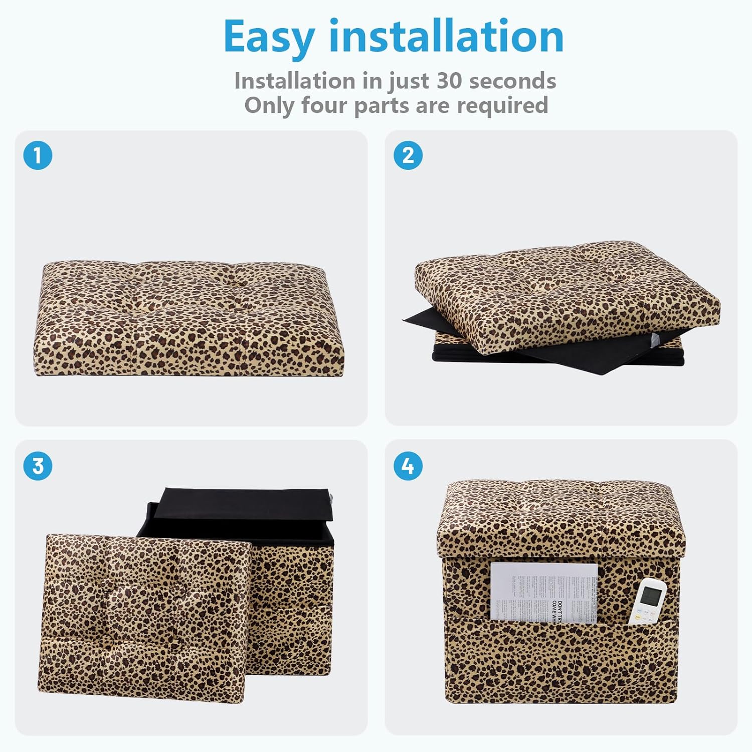 AmasSmile Storage Ottoman Folding Foot Rest Stool with Side Pocket, 17 inch Velvet Footstool Bench, Short Ottoman Bench, Storage Foot Rest Store, Blanket Chest, Leopard Print 2 Pack