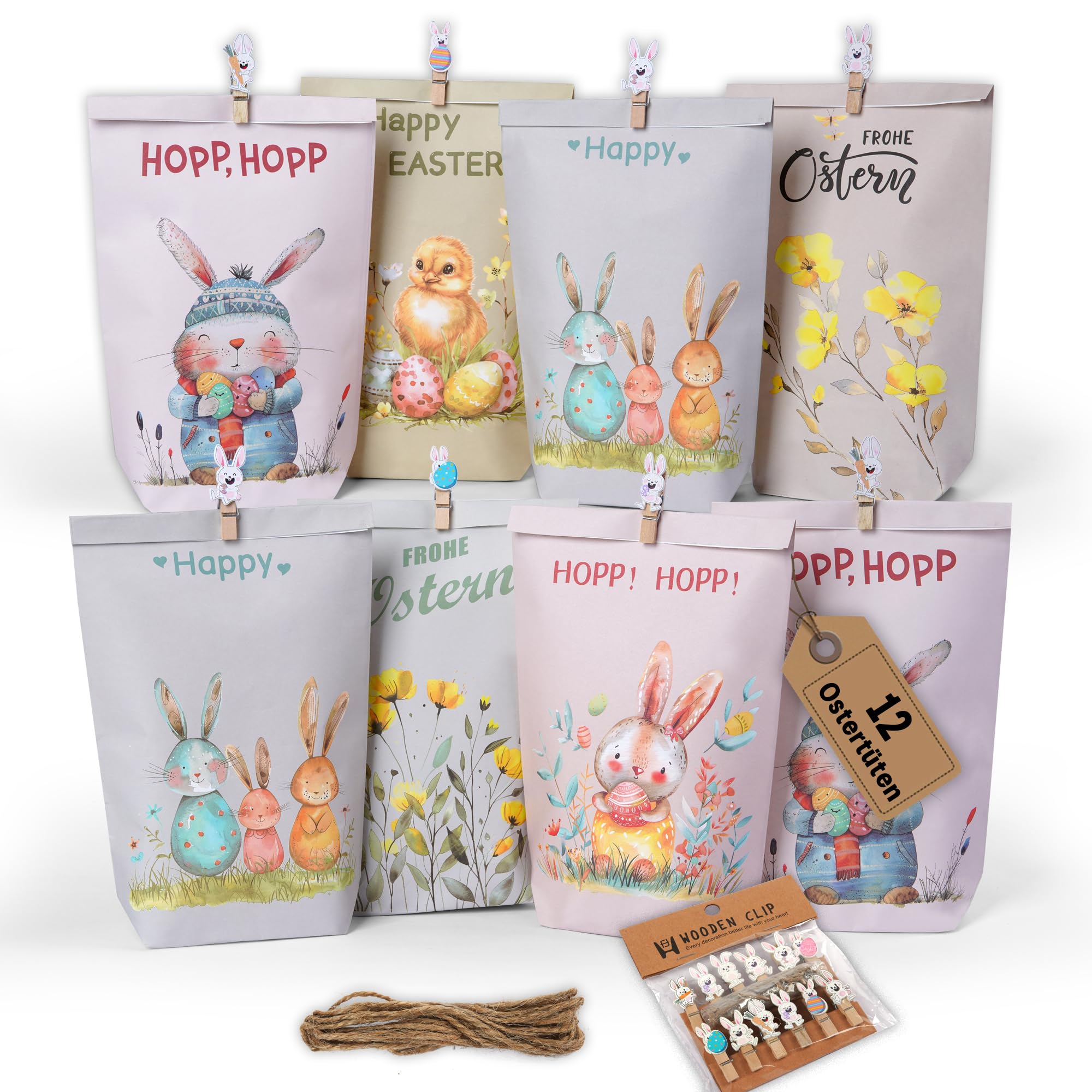 12 Ostertüten zum befüllen - Geschenktüten Ostern Set mit Motiv Hasen, Blumen und Küken - Ostern Papiertüten mit Holzklammern - ideale Mitgebsel Geschenkidee oder Oster Dekoration