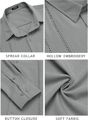 Miniatura 6 de COOFANDY - Camisa guayabera cubana para hombre, camisas casuales con botones, camisas de lino de playa de manga larga