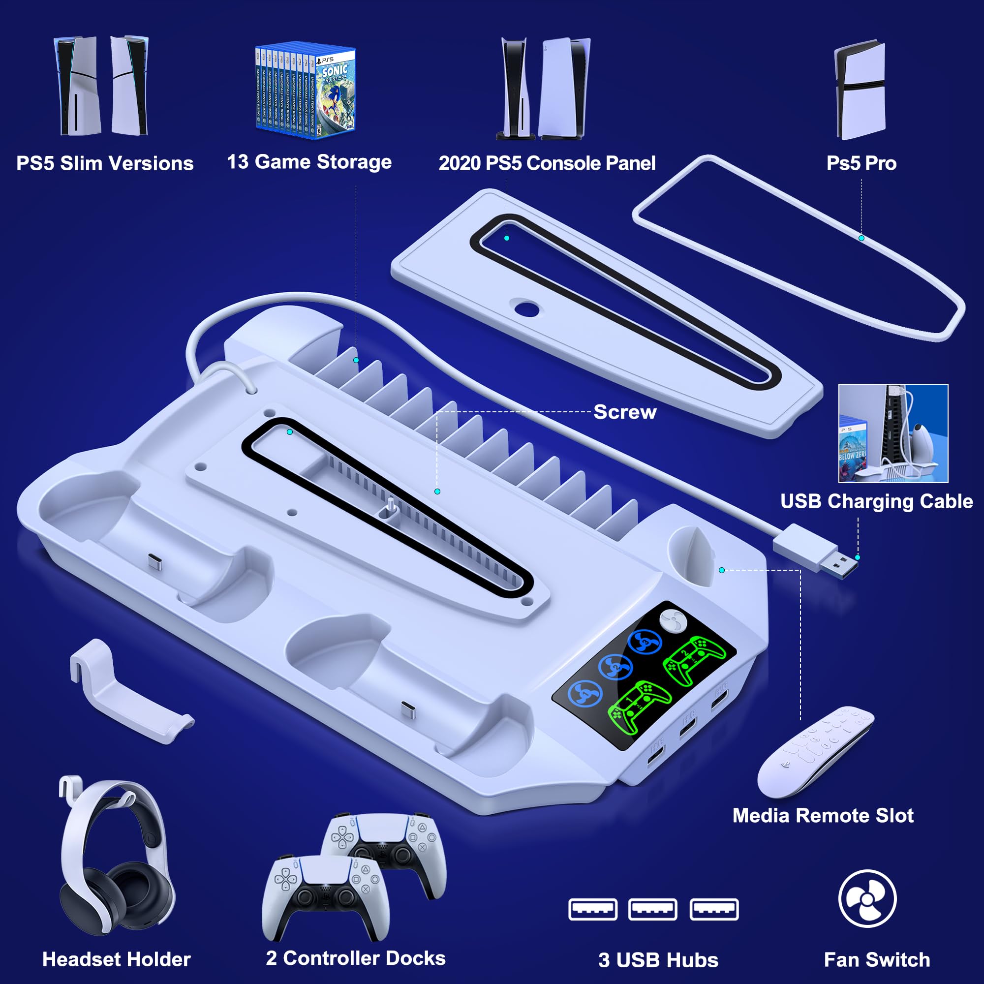 Soporte PS5 Pro/Slim/PS5 y estación de refrigeración con controlador estación de carga para consola digital Playsation de 5 discos, accesorios PS5 con ventilador de refrigeración de 3 niveles, 13