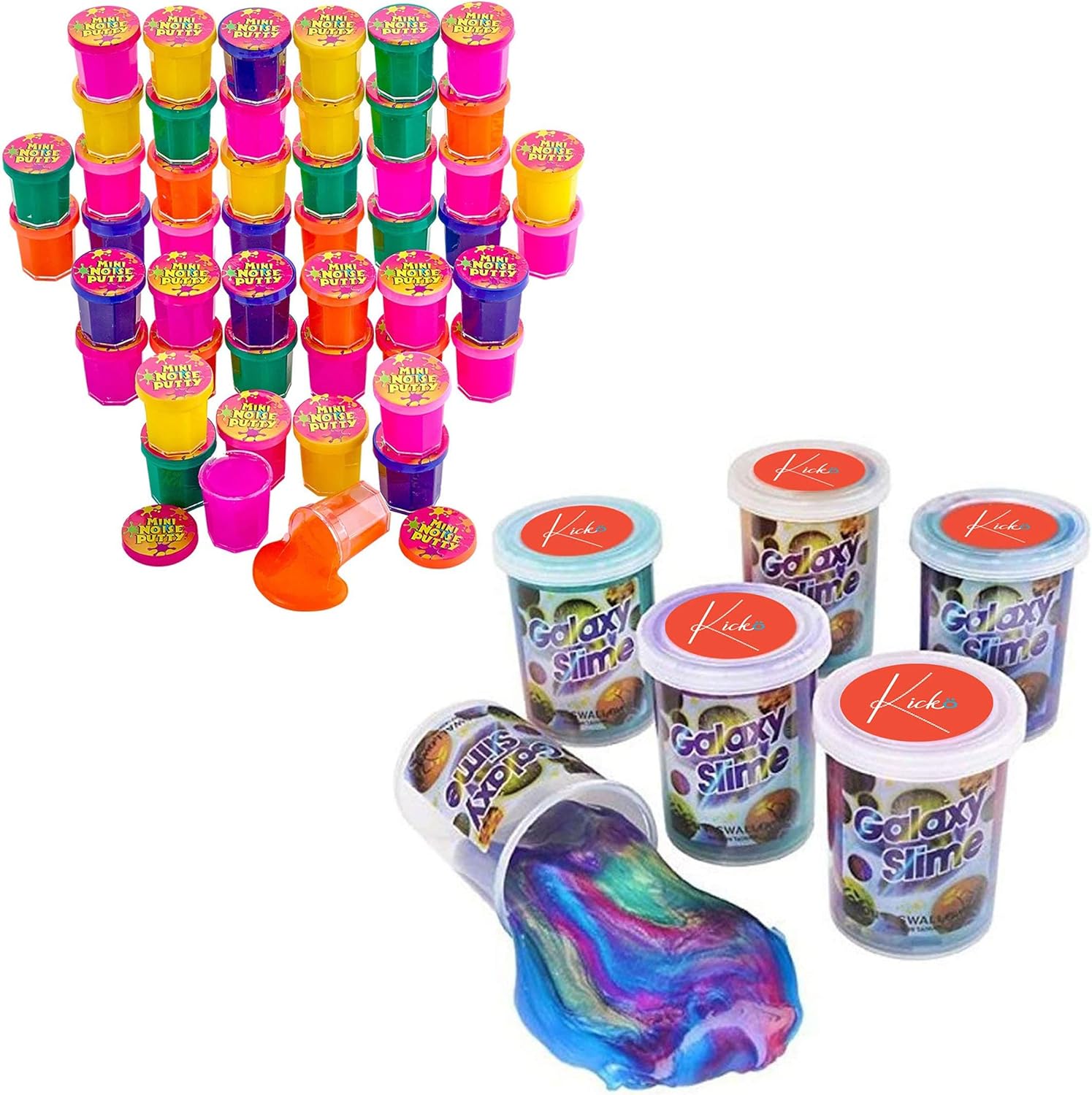 Kicko Marbled Unicorn Color Slime - Pack of 6 Colorful Galaxy Sludgy Gooey Kit and Kicko Mini Noise Putty Toys for Kids - Pack of 48 Slimes