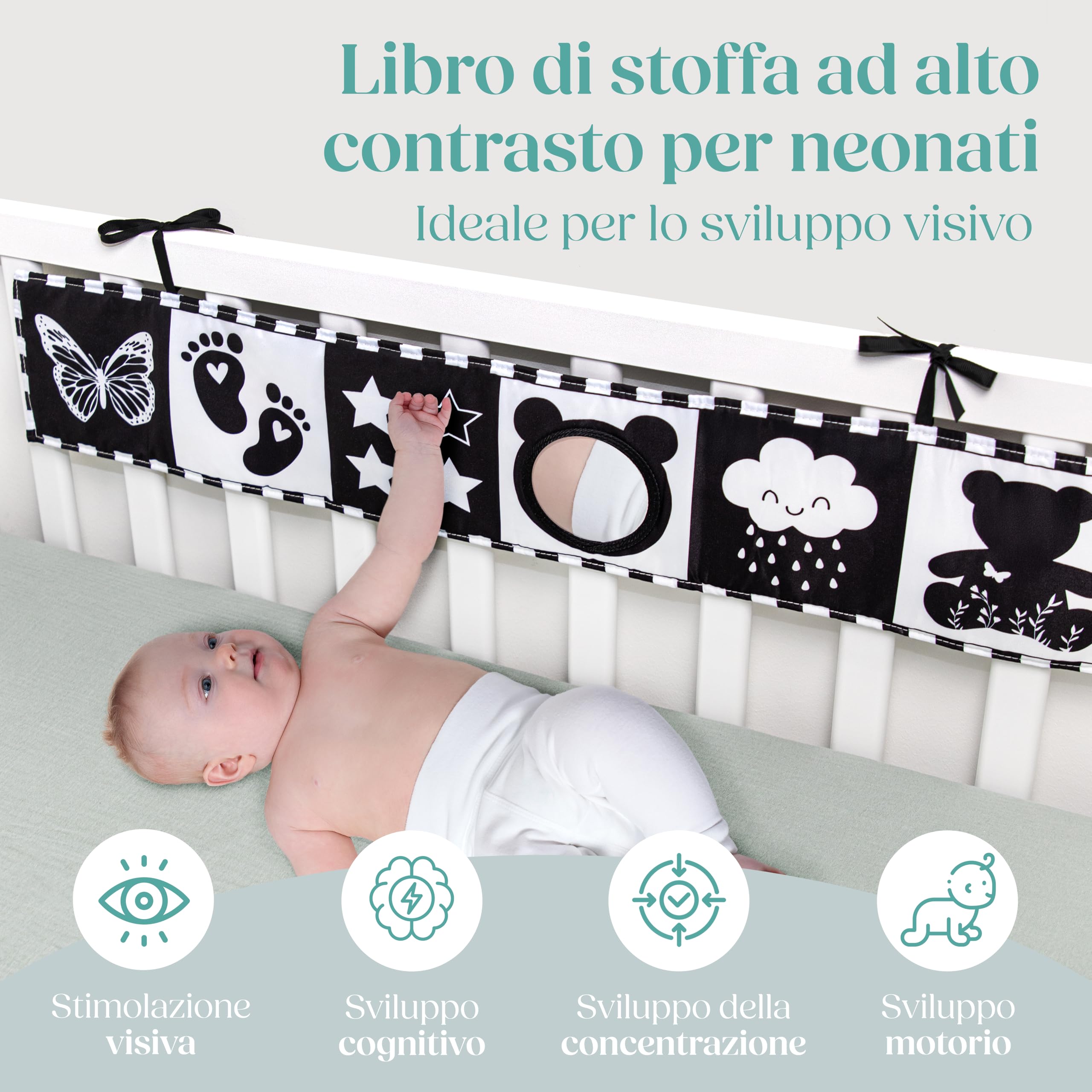 Libro Sensoriale Neonati con Specchio Teddy - Libro Bianco e Nero Stoffa Montessori, Ultra Morbido Lavabile per Sviluppo Visivo 0-12 Mesi