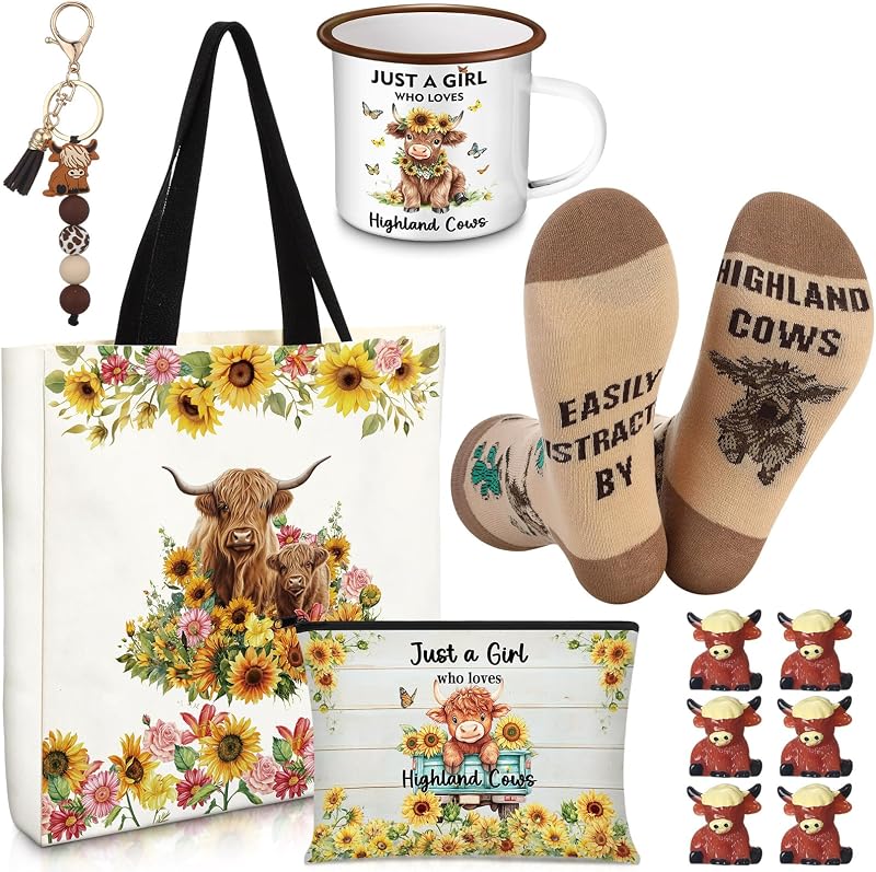 Conjunto de presentes Yeyeplum com tema de vaca Highland, bolsa de lona, necessaire, meias, chaveiro, caneca esmaltada e miniaturas