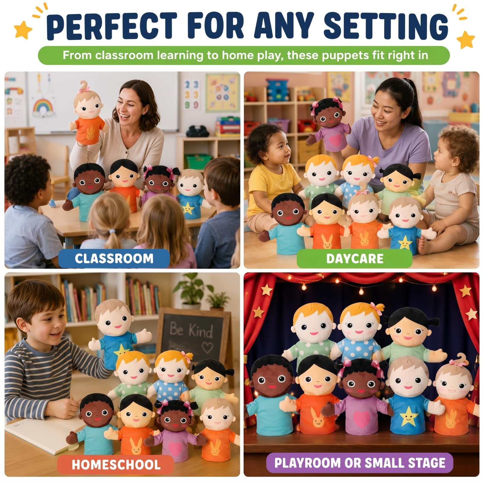 Jenaai Multikulturelles Handpuppen-Set für Kinder, 30 cm, afrikanische asiatische europäische Kinder, Plüsch-Handpuppen für Jungen, Mädchen, Haus, Schule, Theater, Shows, Geschichtenerzählen