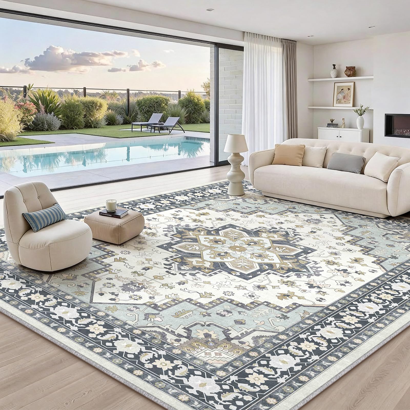 FVVRAX Vintage Large Rugs Living Room 200x290cm, Ice Blue Rugs for Bedroom