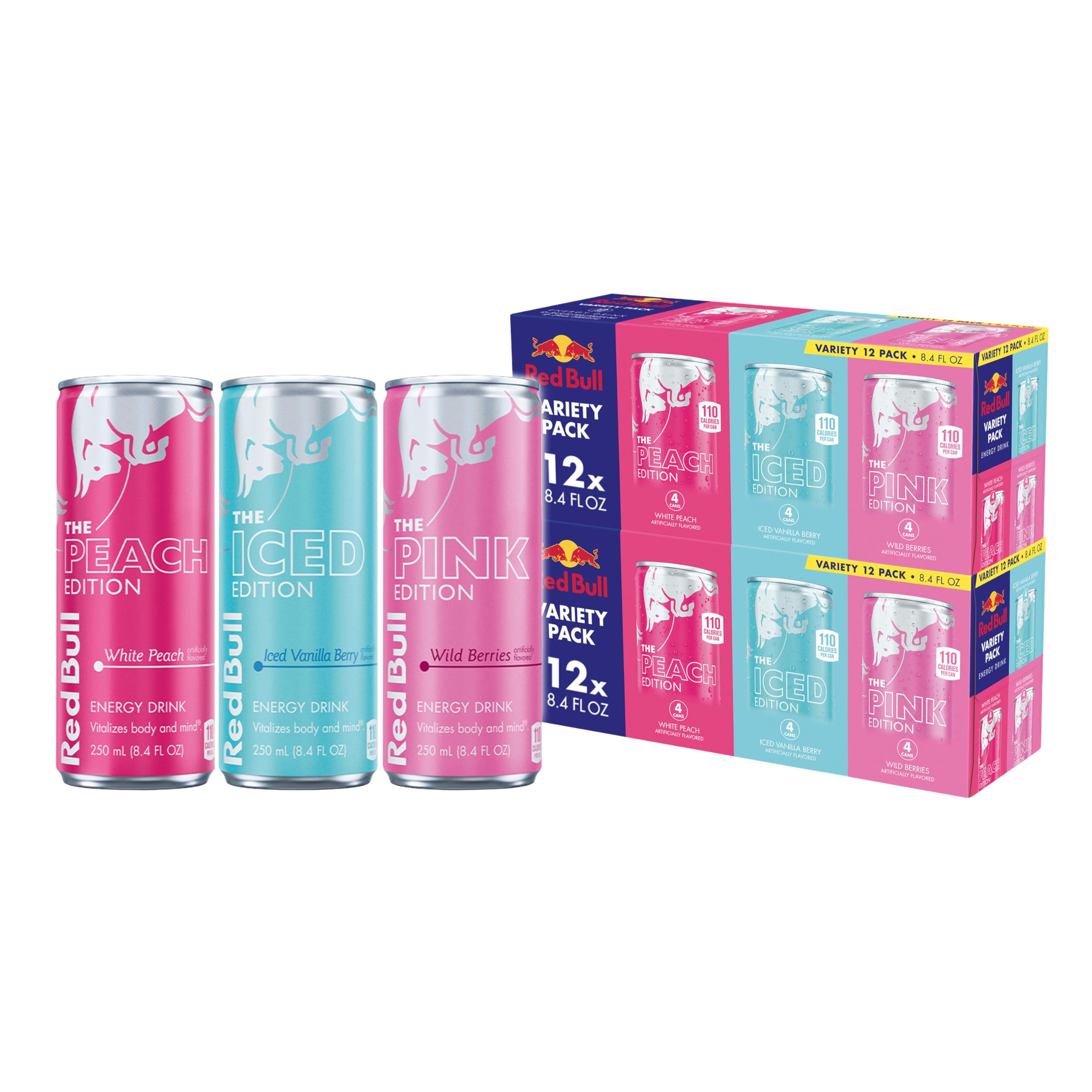 Red Bull Energy Drink Variety Pack, White Peach, Iced Vanilla Berry, & Pink Edition Wild Berries, 8.4 Fl Oz, 24 Cans (2 Packs of 12)