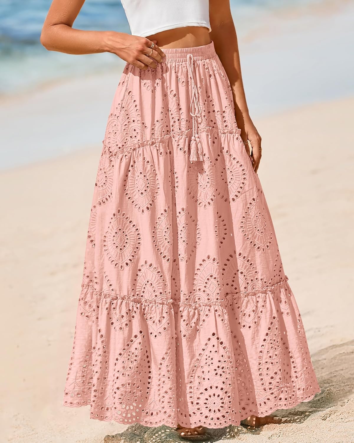 BTFBM Boho Long Skirts for Women Spring Summer 2026 Lace Embroidery High Waist Flowy Tiered Maxi Skirt Beach Vacation - Image 5