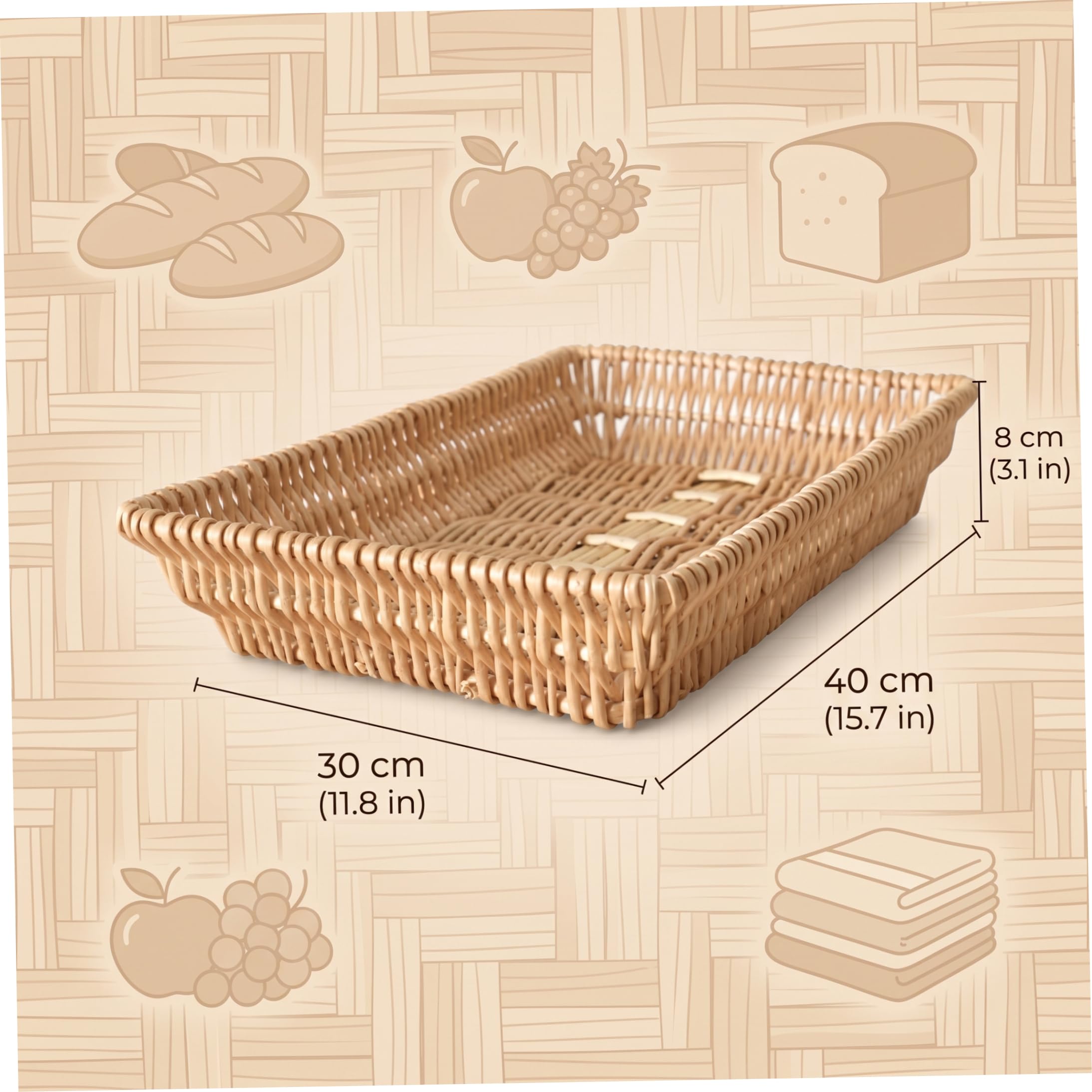 Bandeja para Mesa de Centro Bandeja Tejida Natural 40x30x8cm | Material natural apto para alimentos, apilable, ahorra espacio, multiusos para interiores y exteriores.