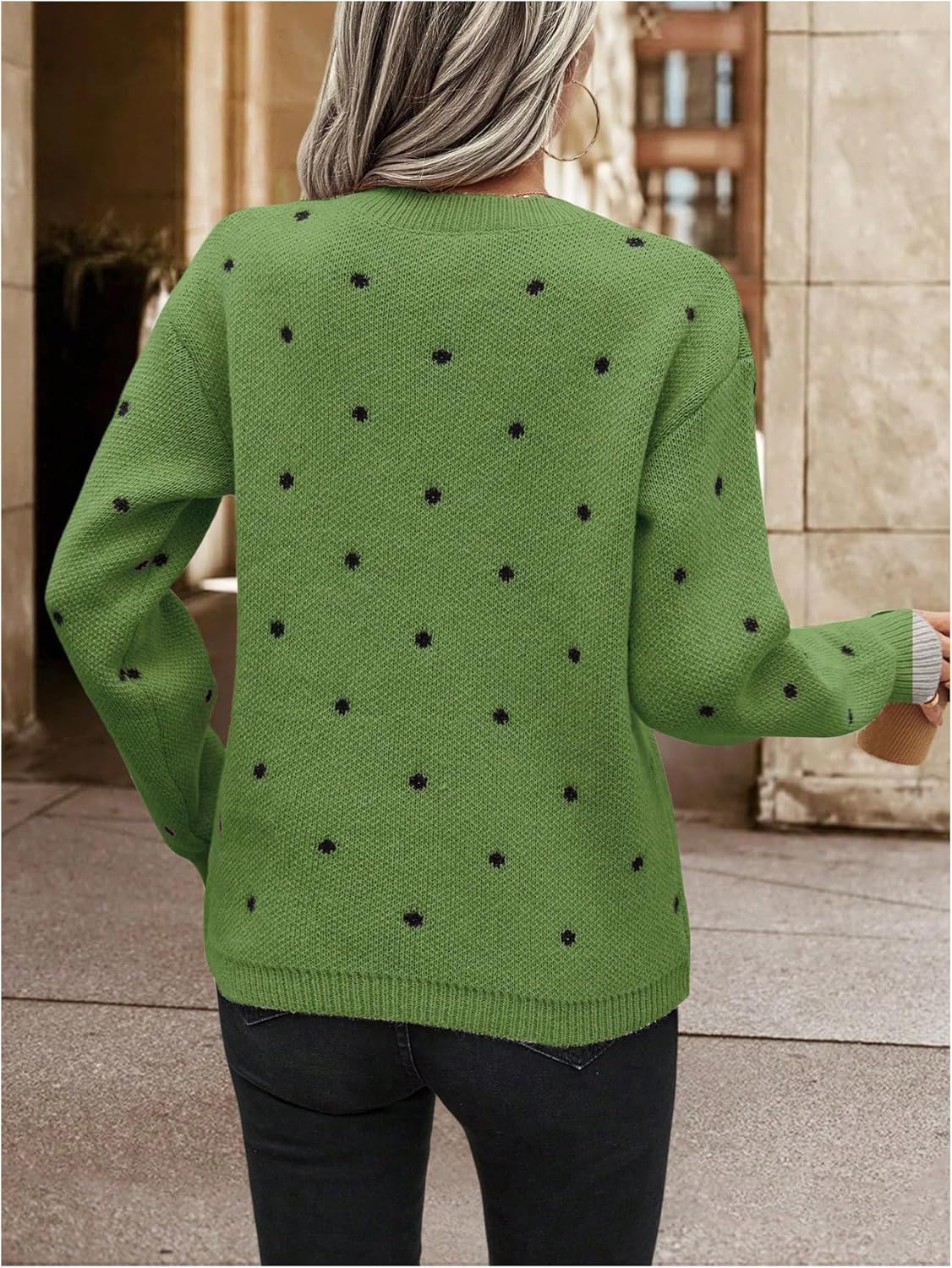 MakeMeChic Women's Polka Dots Sweaters Long Sleeve Fall Sweater Round Neck Knitted Tops - Image 2
