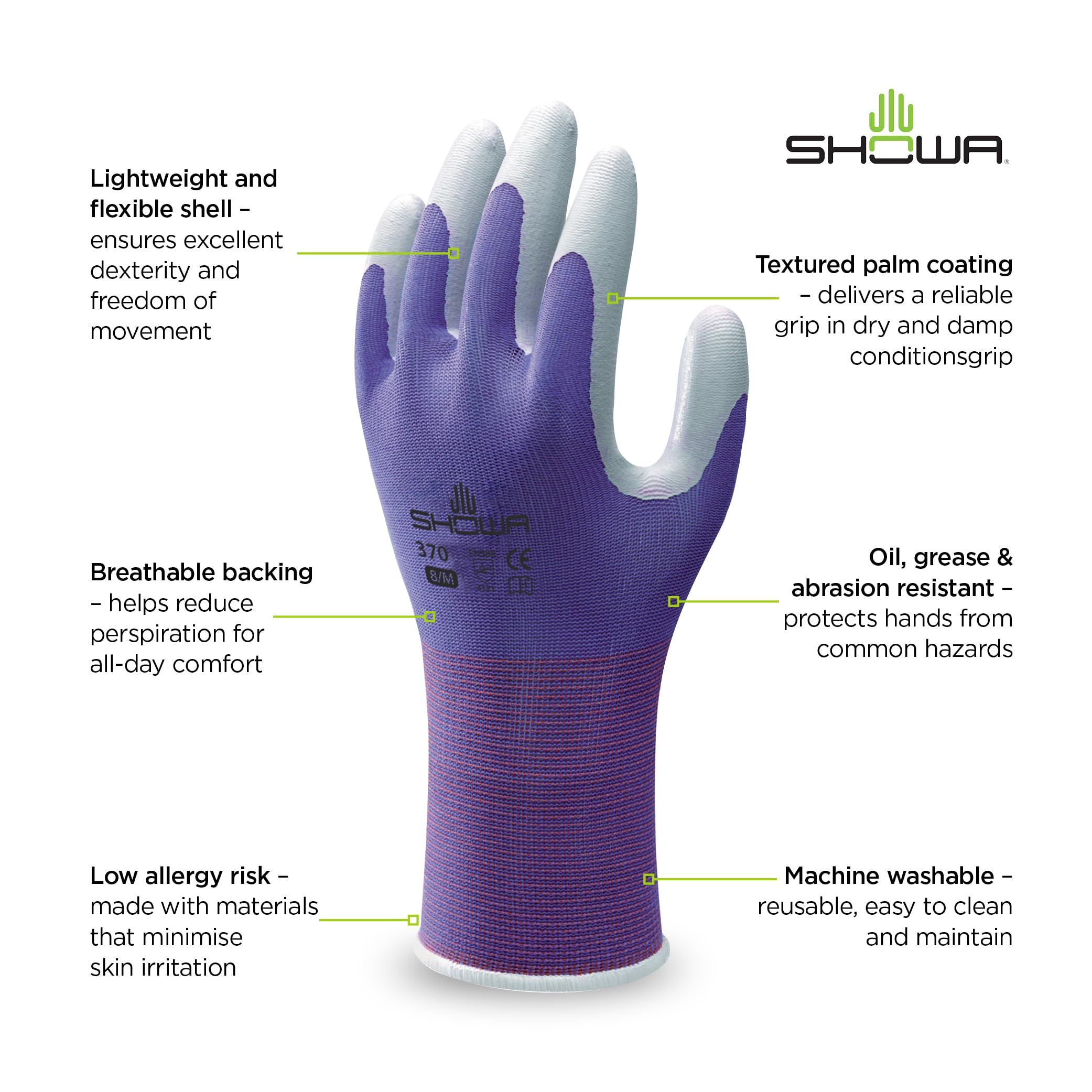 Lot de 4 paires de gants de jardinage Showa Floreo 370 - Avec revêtement en nitrile résistant, M, 1
