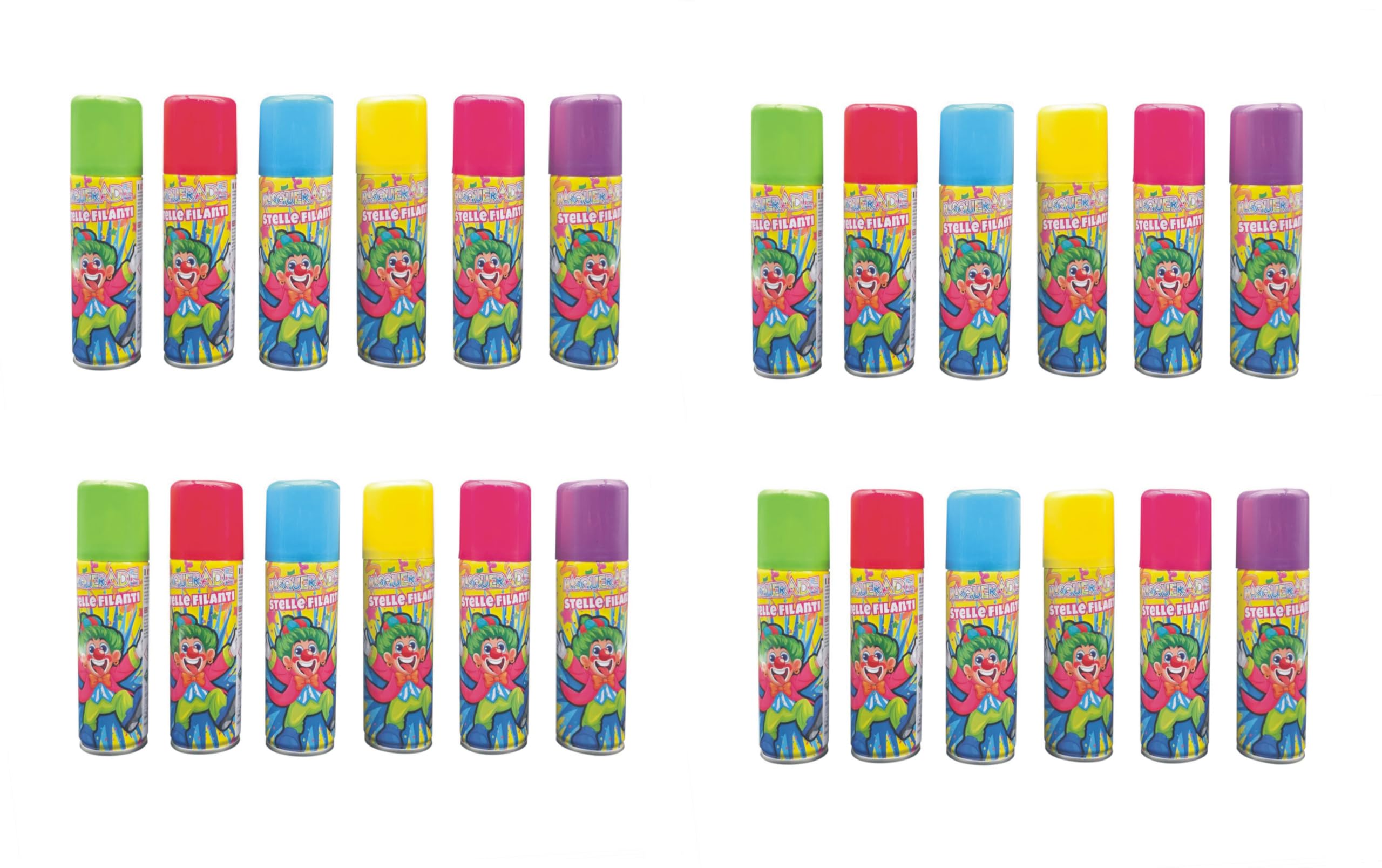 24 BOMBOLETTE Stelle FILANTI Colorate 83 ML Verde Giallo Rosso Blu Viola Arancione Carnevale Festa Party