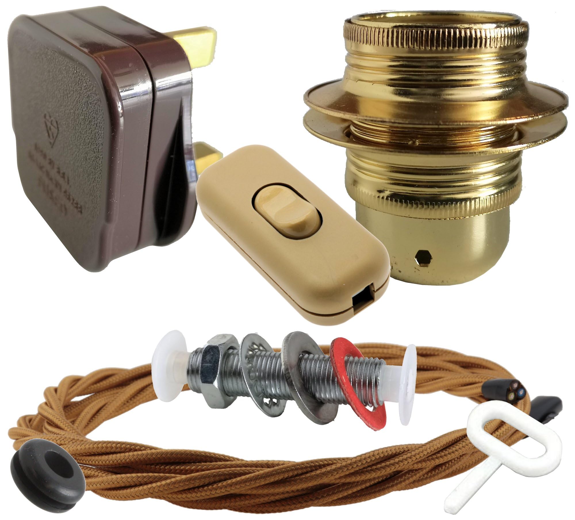 Art Deco Emporium Lamp Repair and Service Kit|Brown Plug|Antique Gold Flex|Gold Switch|E27 Brass Finish Lamp Holder Holder