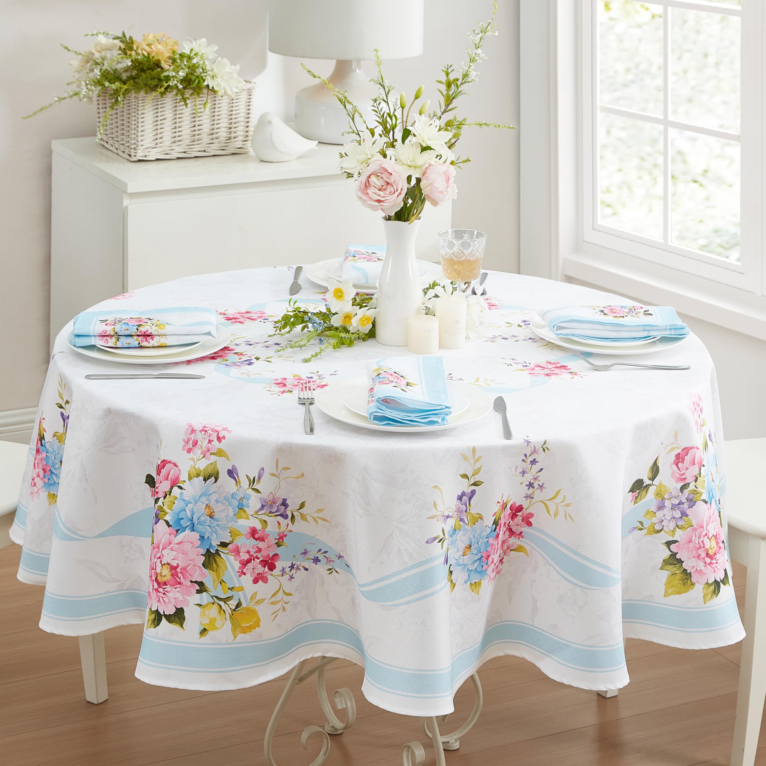 Newbridge Easter Cottage Rose Round Fabric Tablecloth, 70 Inch, Easy Care Wrinkle and Stain Resistant Blue and Pink Floral Table Cover for Indoor Outdoor Party Dining
