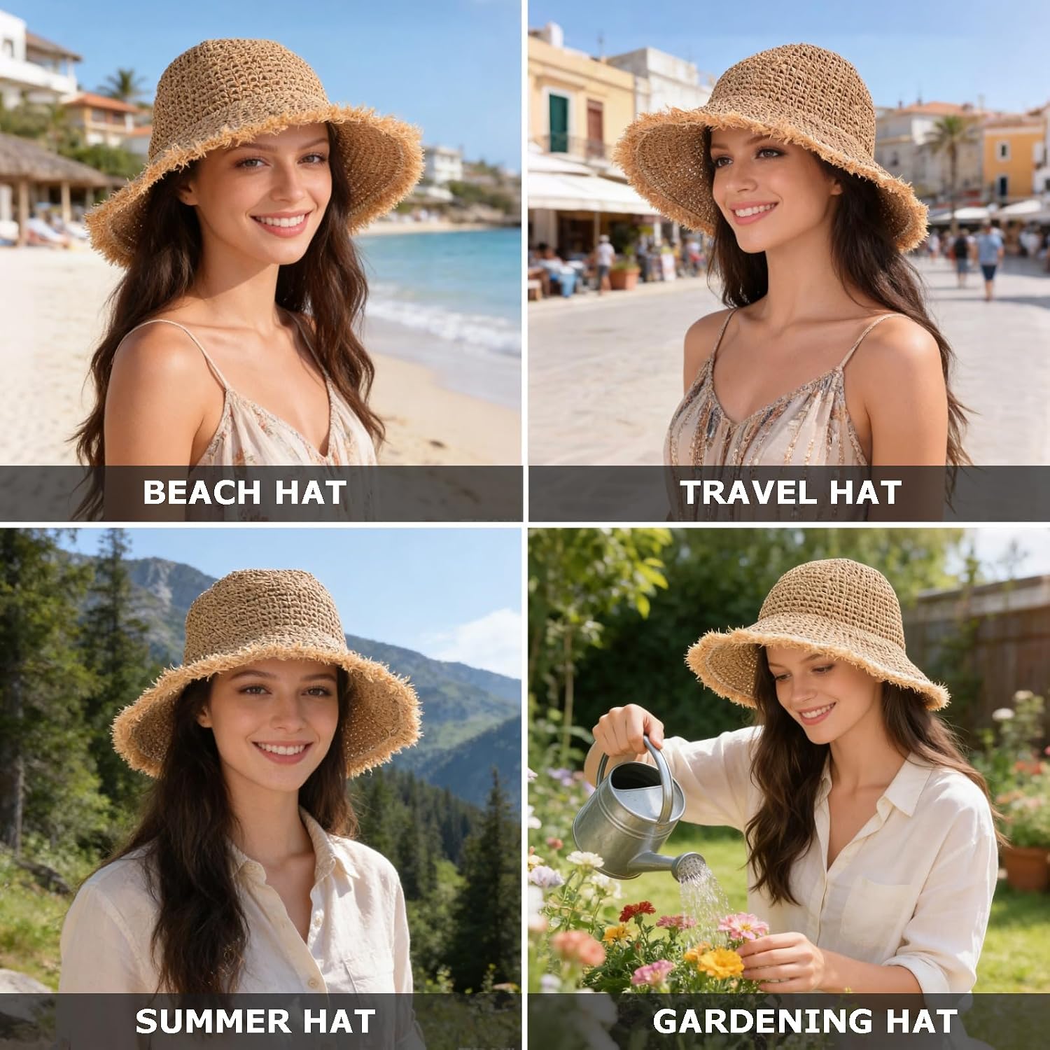 Women's Straw Bucket Sun Hat, Packable Floppy Wide Brim Beach Hat | Adjustable Fit, UV Protection & Shapable Brim, Breathable & Lightweight for Summer Daily Outdoor Use