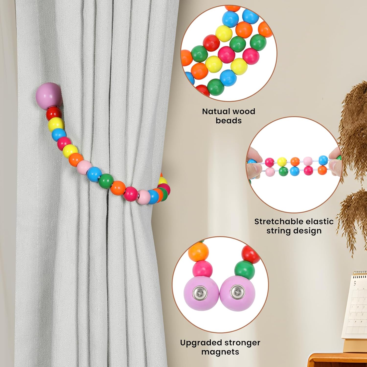 KLOGTSIND Magnetic Curtain Tiebacks, Curtain Tie Backs for Curtains 6 Pack, Wood Bead Curtain Tiebacks, Curtain Holders for Boho Bedroom Decor, Baby Nursery Decor, Farmhouse Décor