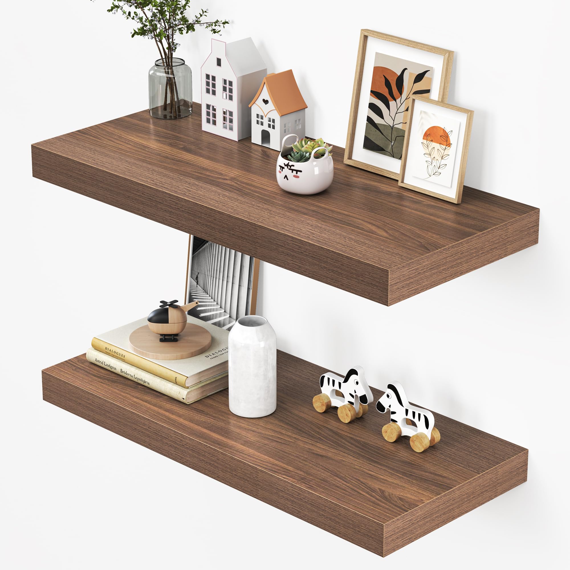 Dreamland 32" Floating Shelves for Wall, 12" Deep Thicker Walnut Floating Shelves, Wall-Mounted Shelves for Bedroom, Living Room, Kitchen, Bathroom - Set of 2