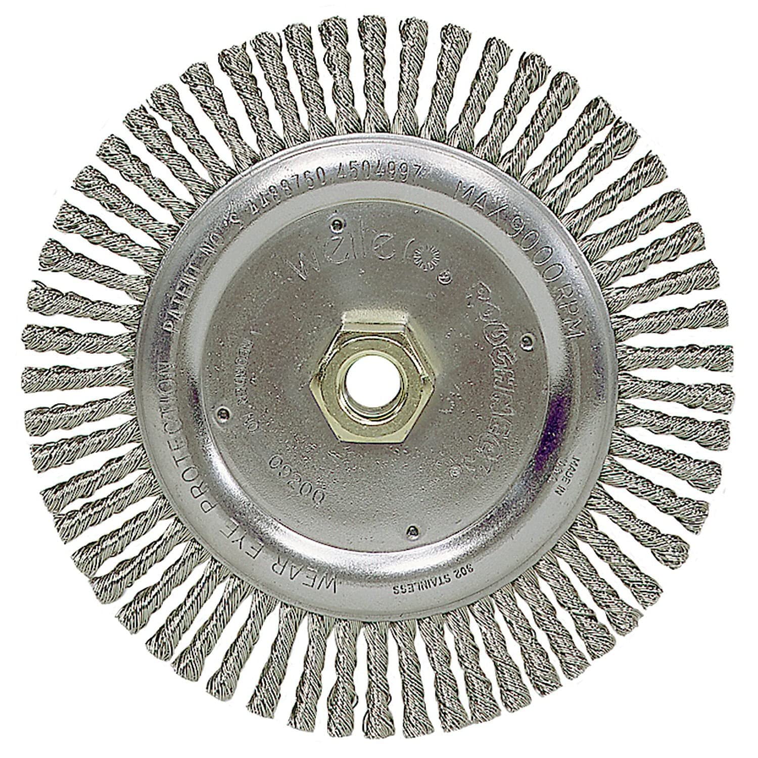 Weiler 09200 Dualife 5/8"-11 Arbor, 0.020" Tamaño del alambre, 6-7/8" de diámetro, 3/16" de ancho de la cara, 302 cerdas de acero inoxidable, cara muy estrecha