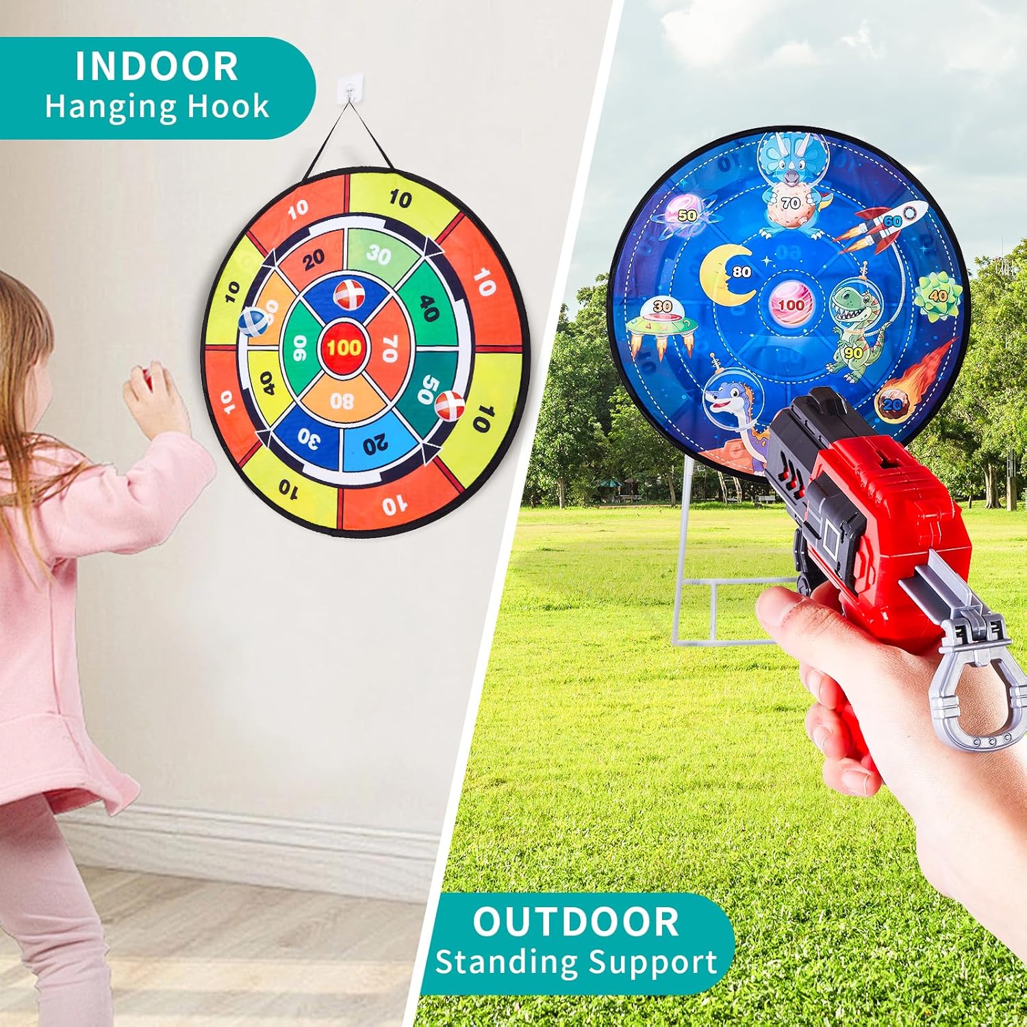 Double-Sided Dart Board Garden Game for Kids, 29 Inch Dartboard Standing & Hanging Shooting Toy Set with 2 Toy Guns, Indoor Outdoor Garden Carnival Party Game Fun for 3 4 5 6 7 8+ Year Old Boys Girls
