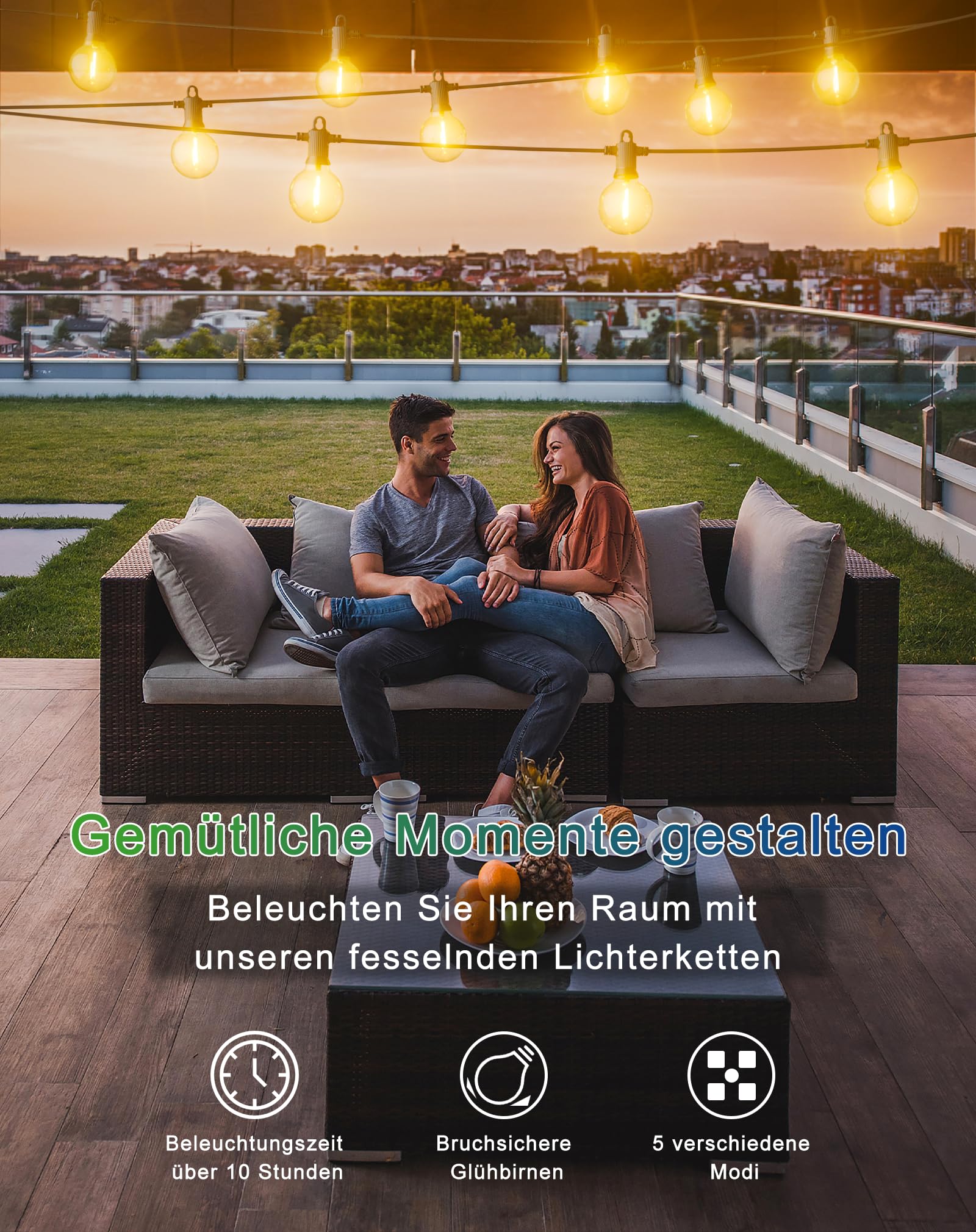 Zuske Solar Lichterkette Aussen 9.5M IP65 Warmweiße G40 Glühbirnen 5 Modi Garten Terrasse