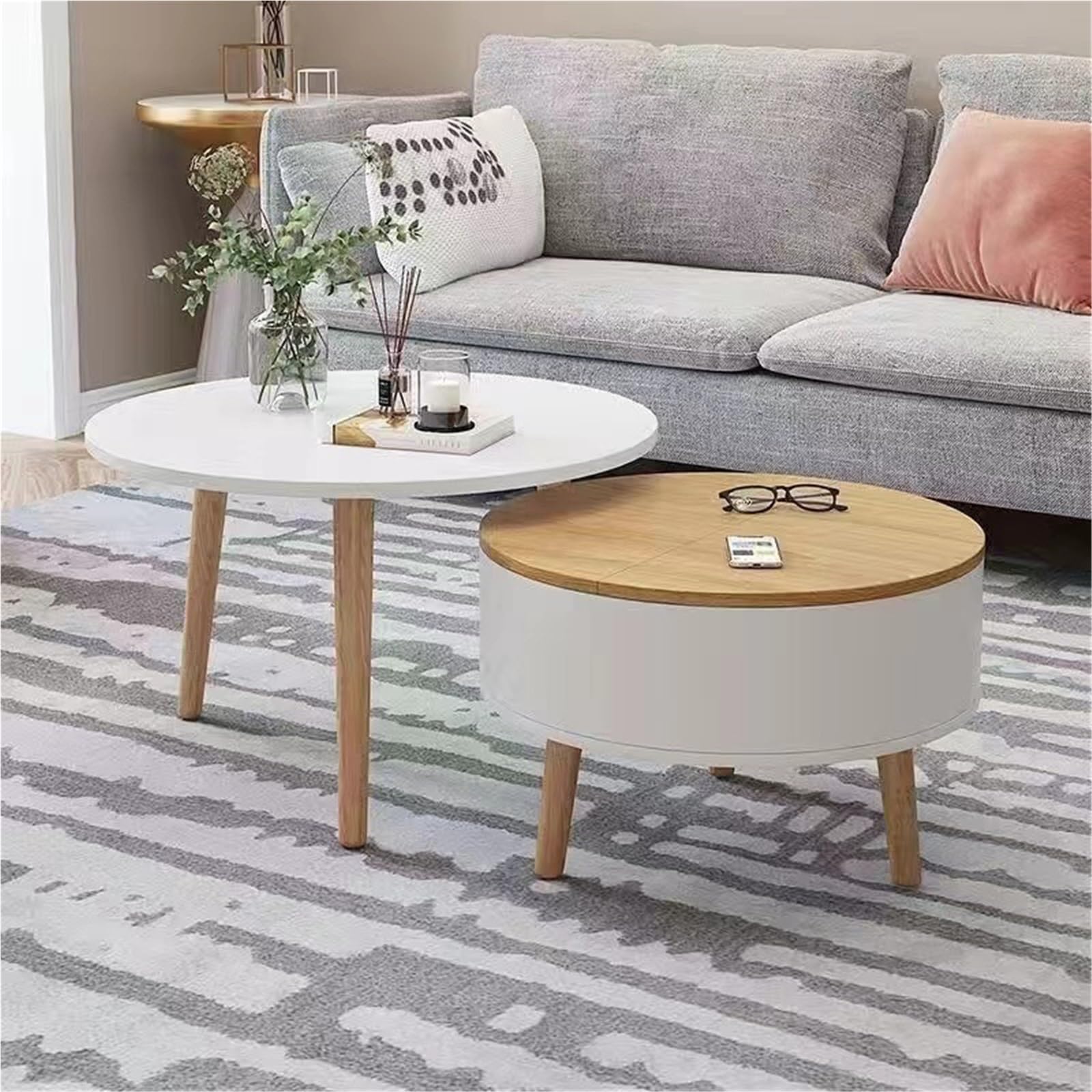 Mesa Auxiliar, combinación de Mesa de 70/60 cm y Armario de 50 cm, Mesa Auxiliar for sofá, mesas de Centro, for Sala de Estar, Dormitorio, mesita de Noche(60 Walnut+50 White)