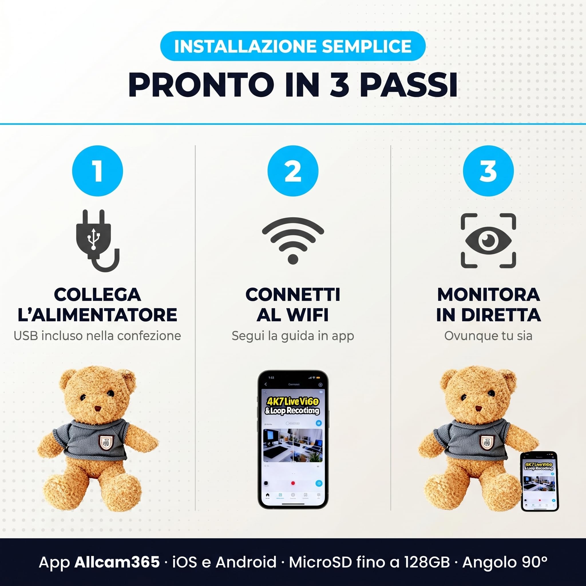 Orsacchiotto con Telecamera WiFi – Baby Monitor 4K e 1080P con Visione in Tempo Reale, Rilevamento Movimento con Notifiche, Supporto Micro SD 128GB, App Allcam365