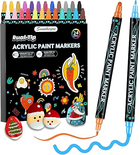SMOOTHERPRO Bolígrafos de pintura acrílica de doble punta, 24 colores, marcadores de pintura acrílica con punta fina y punta redonda para pintura de