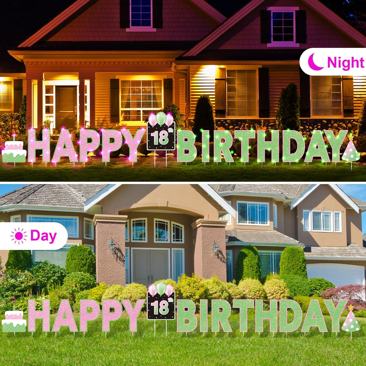 Yerliker 16 Pcs Happy Birthday Yard Signs with Stakes, 32.8 ft LED Lights, 42 Pcs Number Stickers, 13.4 Inch Letters Signs for Birthday Party Supplies Yard Lawn Outdoor Decoration(Pink and Green)