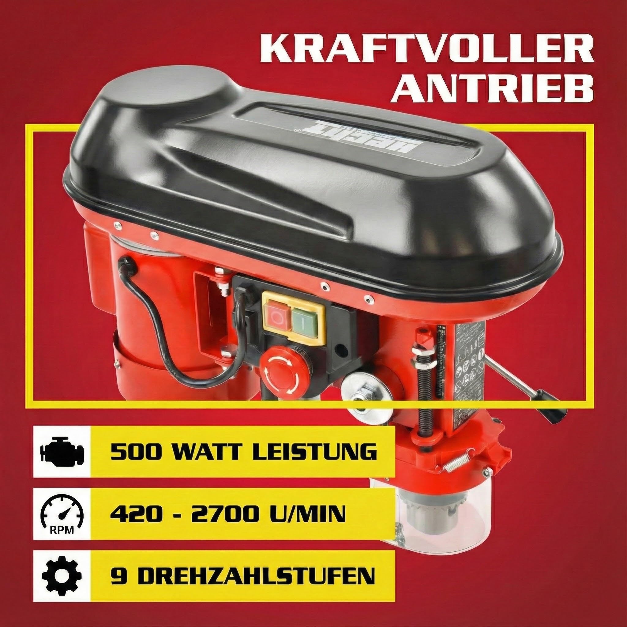 Hecht Standbohrmaschine, Säulenbohrmaschine mit starken 500 Watt – 9-stufige Dreh-zahlregelung, drehbar - und höhenverstellbarer Bohrtisch – Späneschutz - Ideale Standbohrmaschine, Tischbohrmaschine