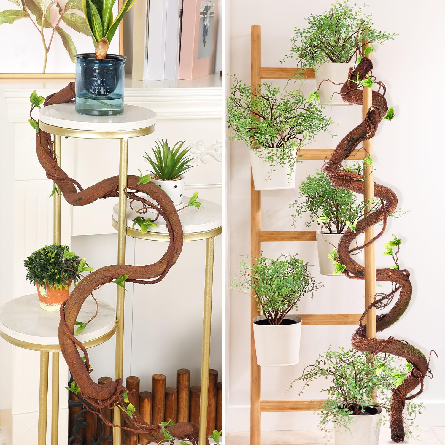 2PCS 71in Bendable Artificial Vines with Green Leaves, Fake Thick Vine Stems and Tree Branches for Home Decor, Artificial Tree Twigs Branches for Outdoor Garden Wall Hanging