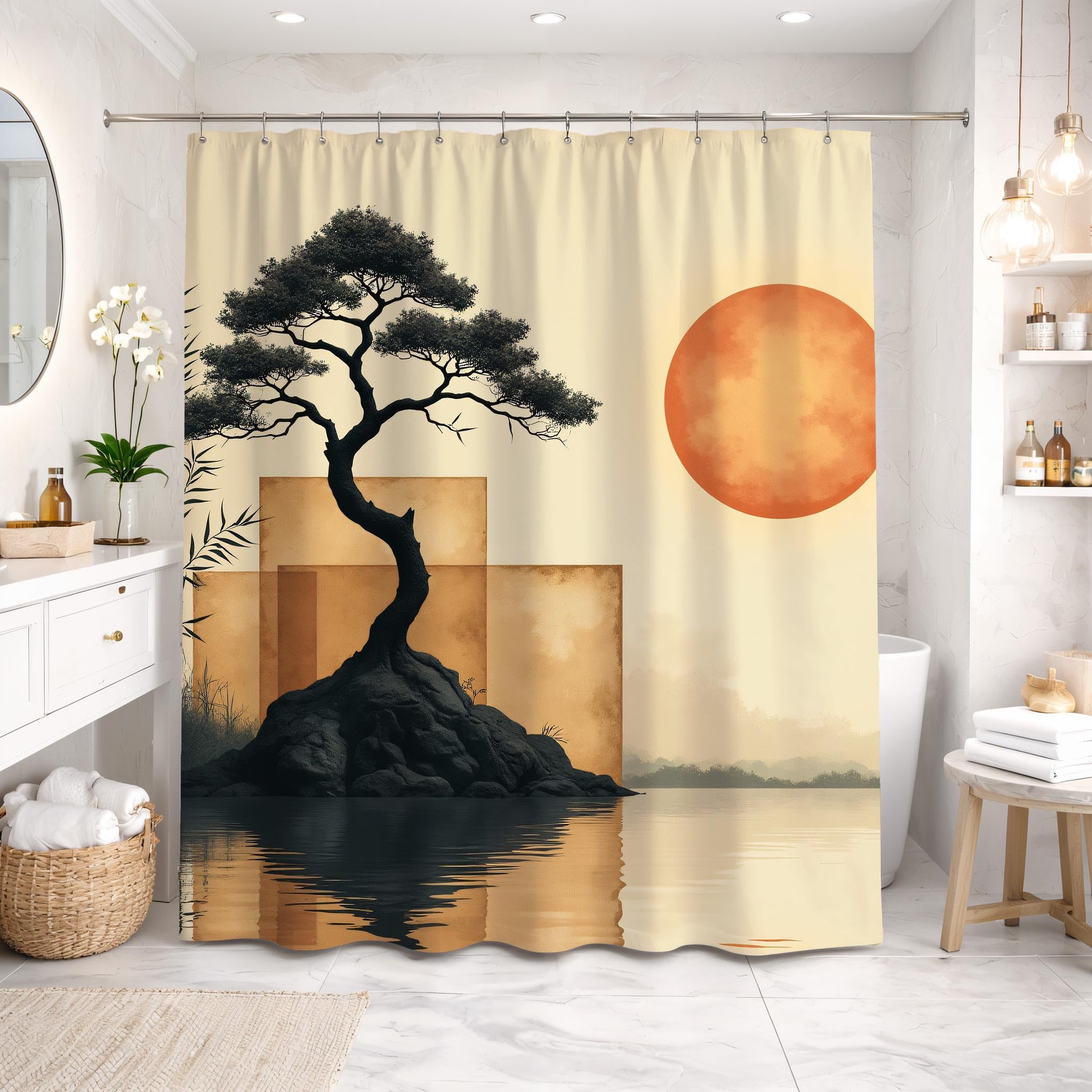 LMYCHENG Abstract Japanese Bonsai Tree Shower Curtain With hooks, Sunset Geometric Prints Decor, Beige Orange Landscape Pictures(180x180cm/71x7in(WxH)/)