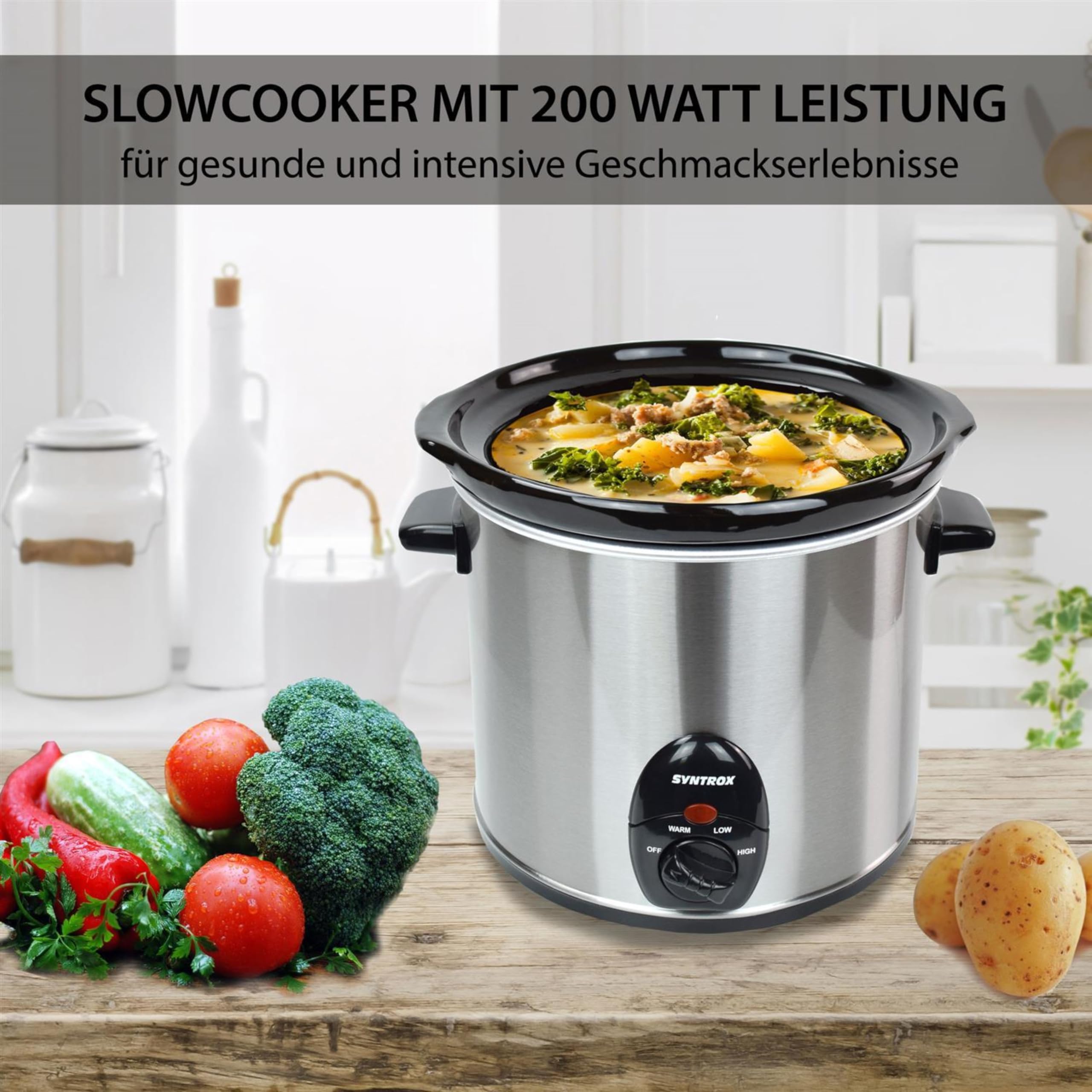 Syntrox Germany 3,0 l Slow Cooker | Schmortopf | Schongarer | Multikocher Delira, Edelstahl, Warmhaltefunktion, Keramik Servierschüssel, rutschsichere Standfüße, Spülmaschinengeeignet