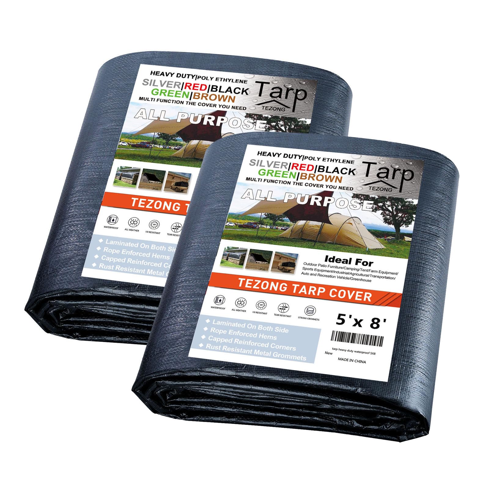 Tarps Heavy Duty Waterproof 5x8ft,TEZONG Black Tarp 12MIL Plastic Tarpaulin Outdoor Tarp Cover for Emergency Rain,Patio Furniture,Wood,Roof,Camping,Car,Pool 2Pack