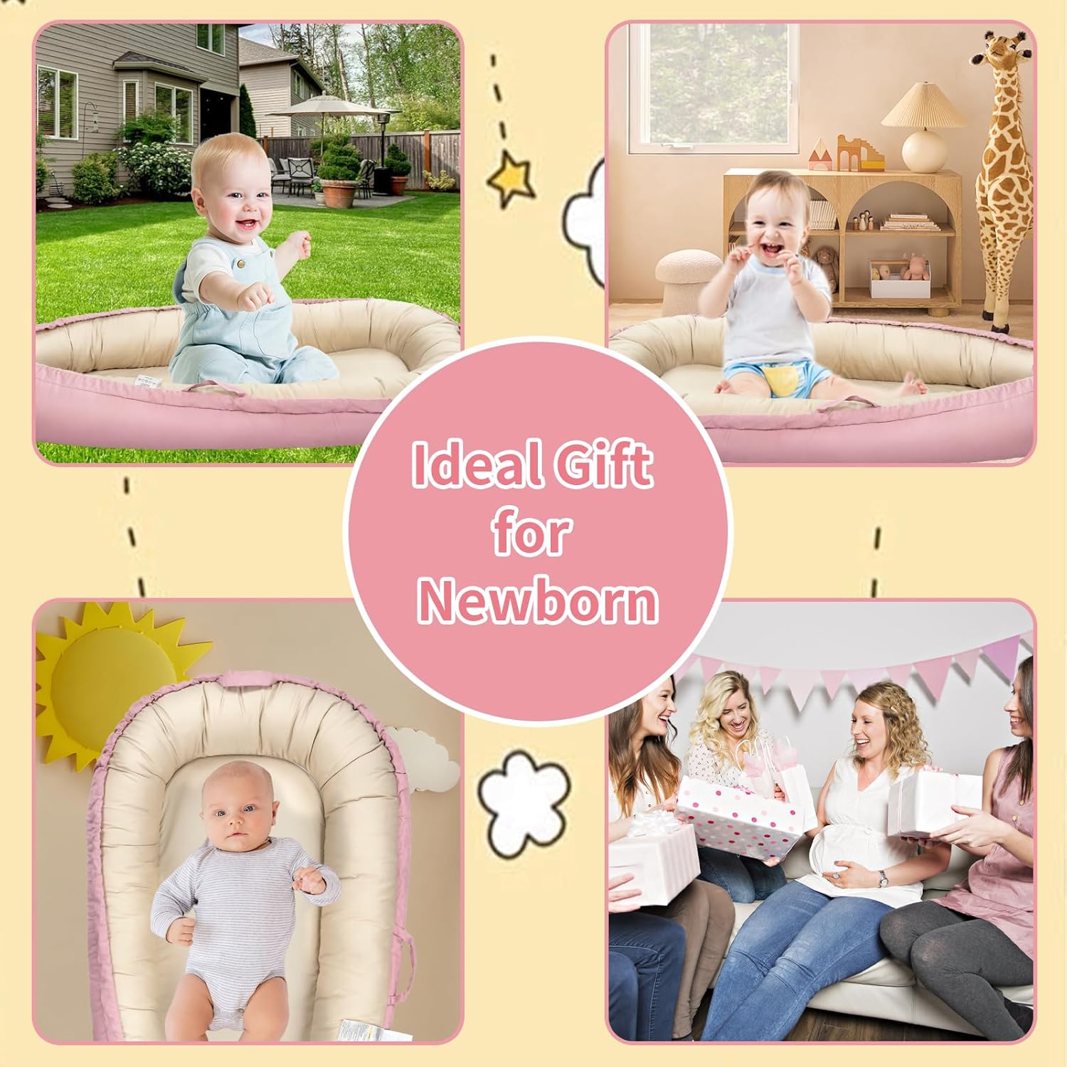 Infant Lounger, Portable Infant Beds, 100% Cotton, Breathable & Reversible, Baby Lounger for Newborn, Adjustable Baby Floor Seat for Tummy Time, Essentials for Newborns (Pink)