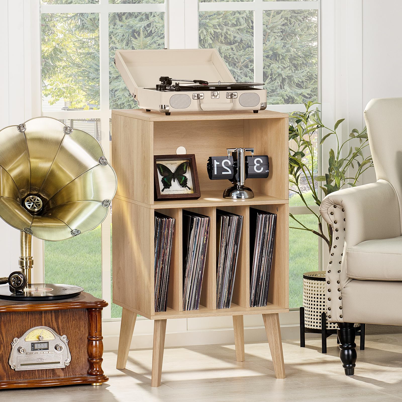 LELELINKY Support pour Tourne-Disque, Peut contenir jusqu'à 160 Albums, Support de Rangement en Vinyle Mid-Century avec Pieds en Bois, étagère pour Tourne-Disque, Table d'appoint Naturelle